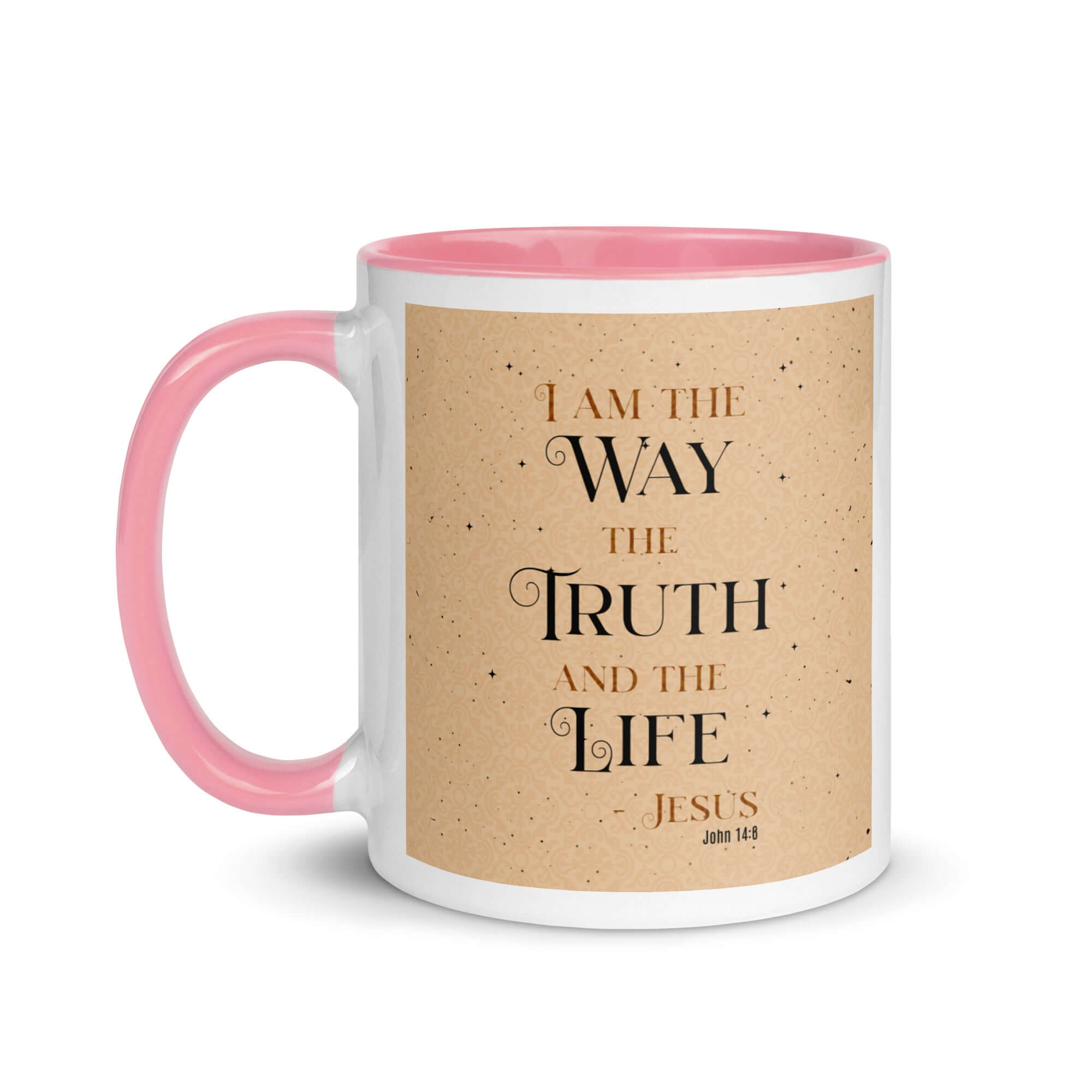 John 14:6 Bible Verse, Color Text Brown Background White Ceramic Mug with Color Inside