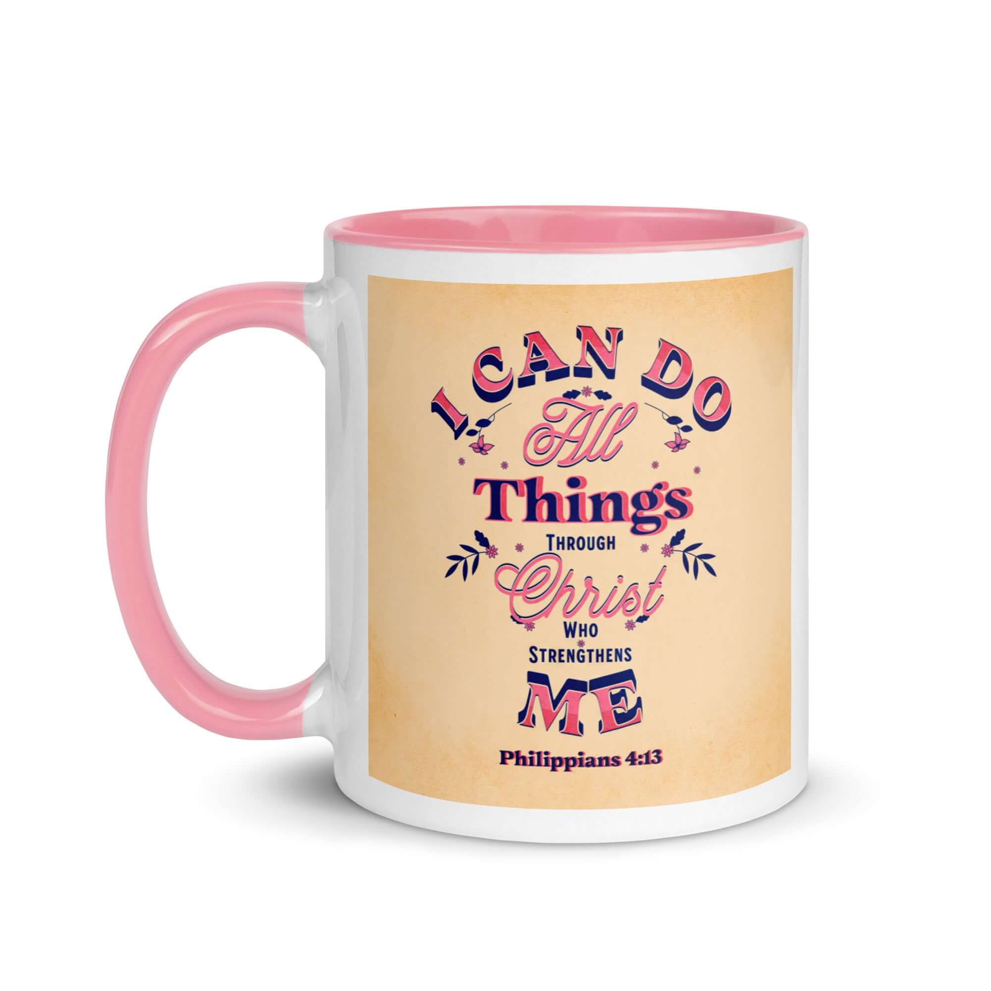 Philippians 4:13 Bible Verse, Christ Strengthens Me White Ceramic Mug with Color Inside