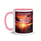 Psalm 107:1 Bible Verse, Give Thanks to the Lord White Ceramic Mug with Color Inside