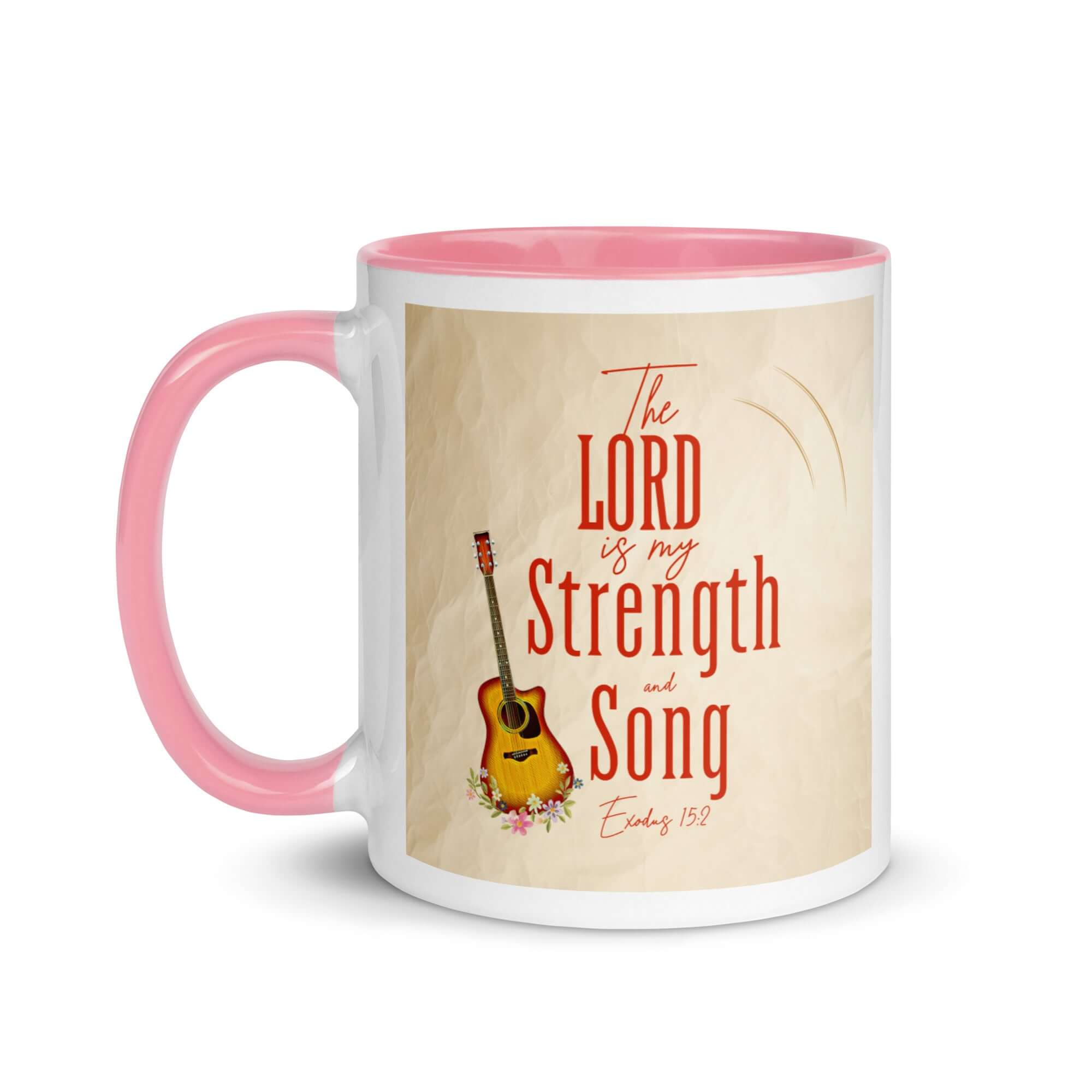 Exodus 15:2 Bible Verse, The LORD is my strength White Ceramic Mug with Color Inside