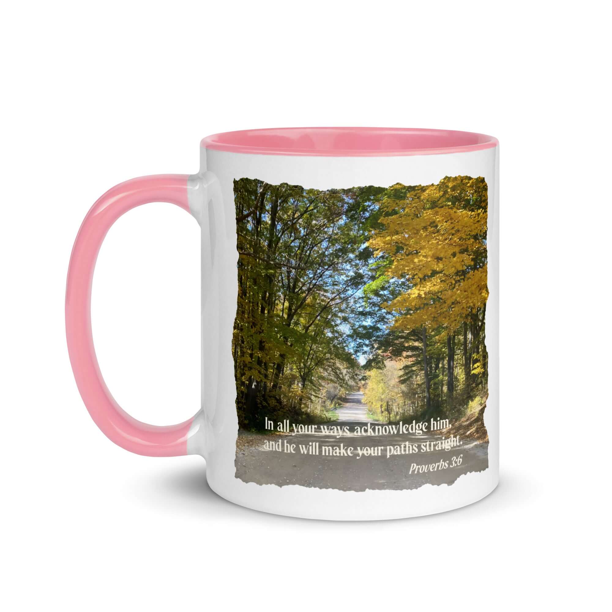 Proverbs 3:6 Bible Verse, Fall Road White Ceramic Mug with Color Inside