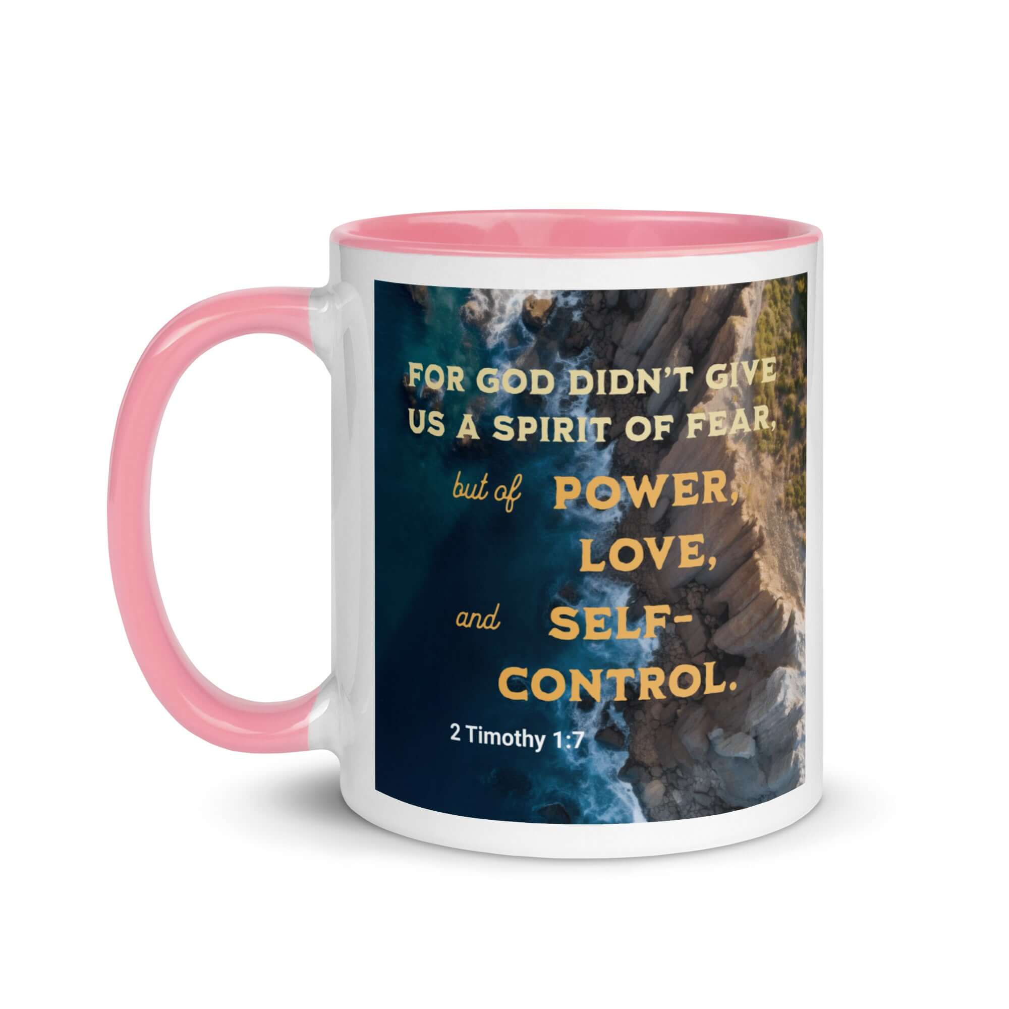 2 Timothy 1:7 Bible Verse, Power, Love, Self-Control White Ceramic Mug with Color Inside
