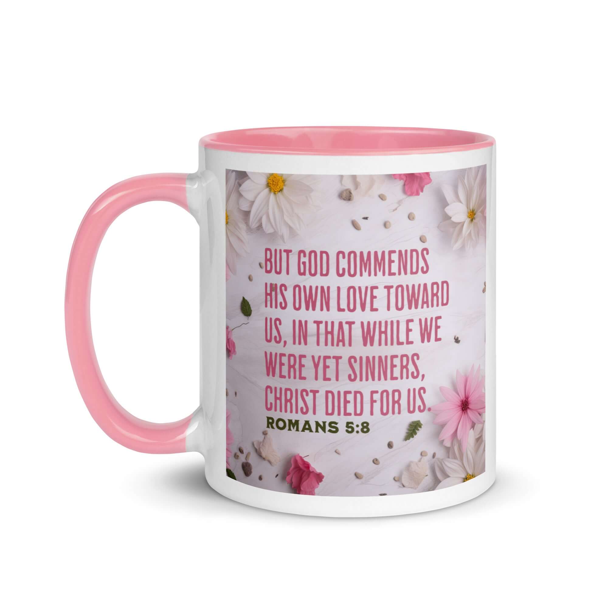 Romans 5:8 Bible Verse, Christ Died for Us White Ceramic Mug with Color Inside