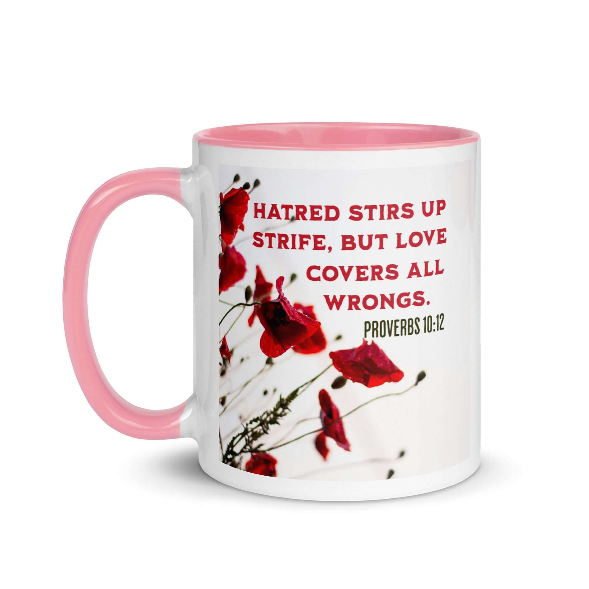 Proverbs 10:12 Bible Verse, Love Covers All White Ceramic Mug with Color Inside