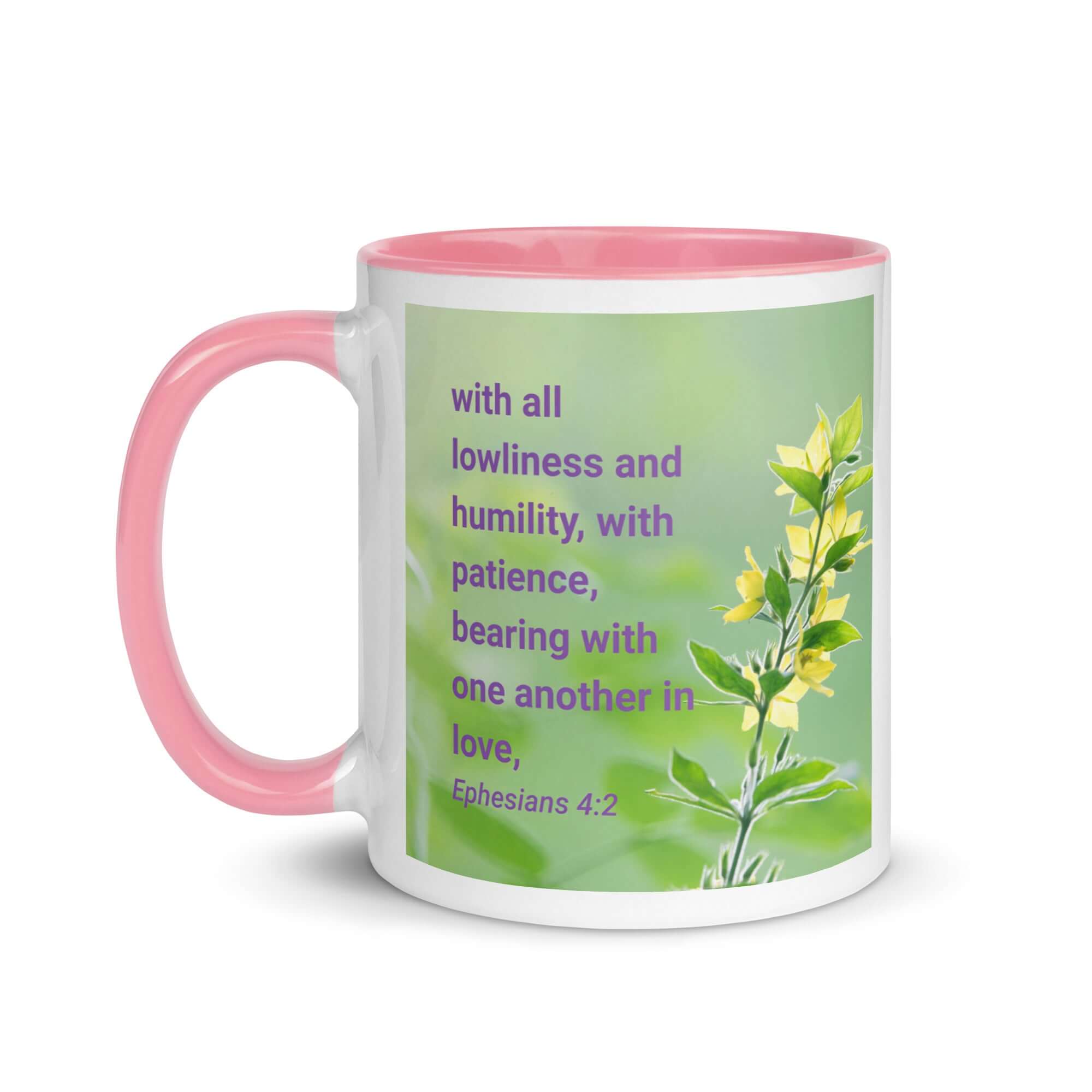 Ephesians 4:2 Bible Verse, one another in love White Ceramic Mug with Color Inside