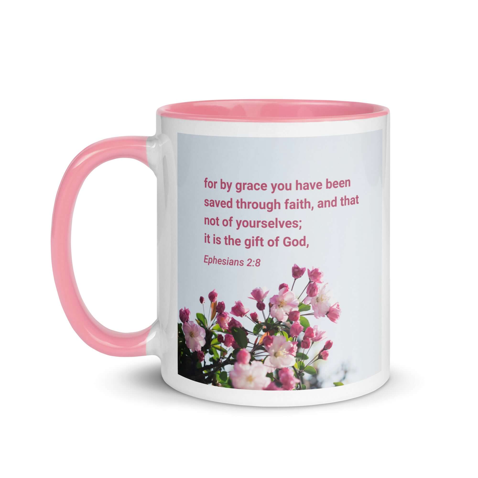 Ephesians 2:8 Bible Verse, saved through faith White Ceramic Mug with Color Inside