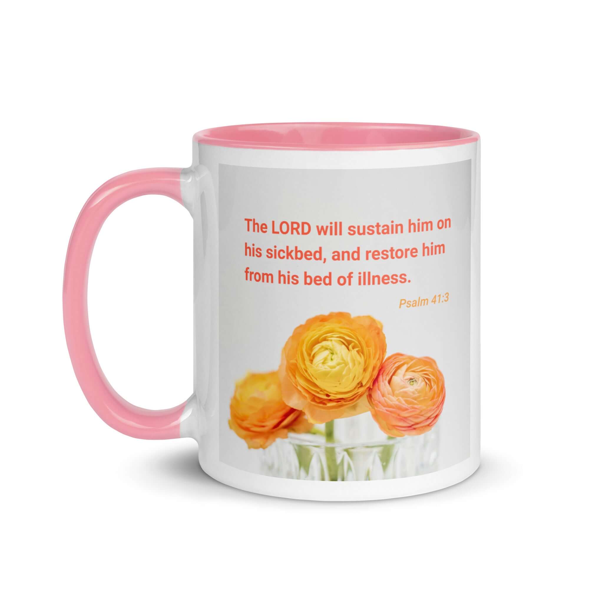 Psalm 41:3 Bible Verse, LORD will sustain White Ceramic Mug with Color Inside