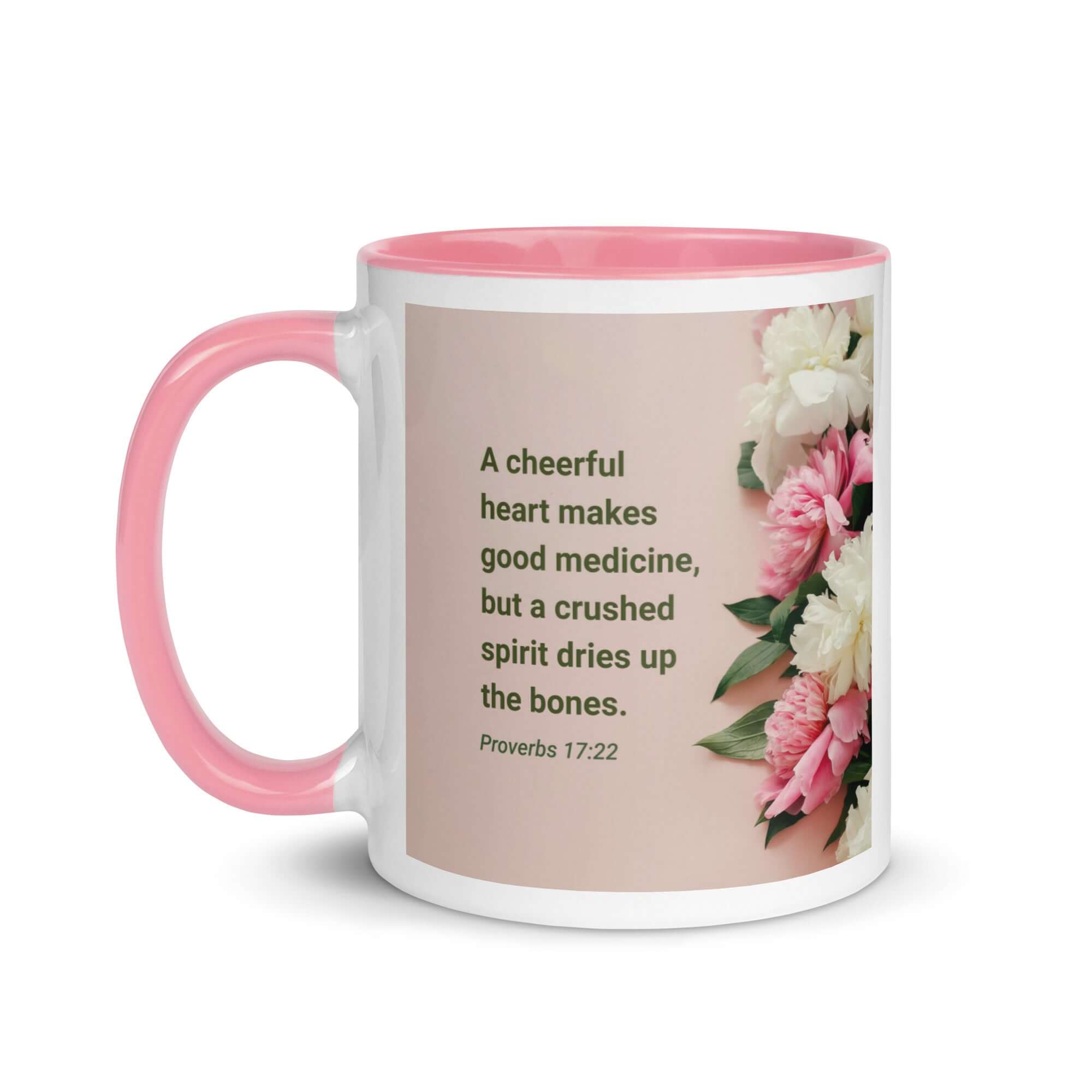 Proverbs 17:22 Bible Verse, good medicine White Ceramic Mug with Color Inside