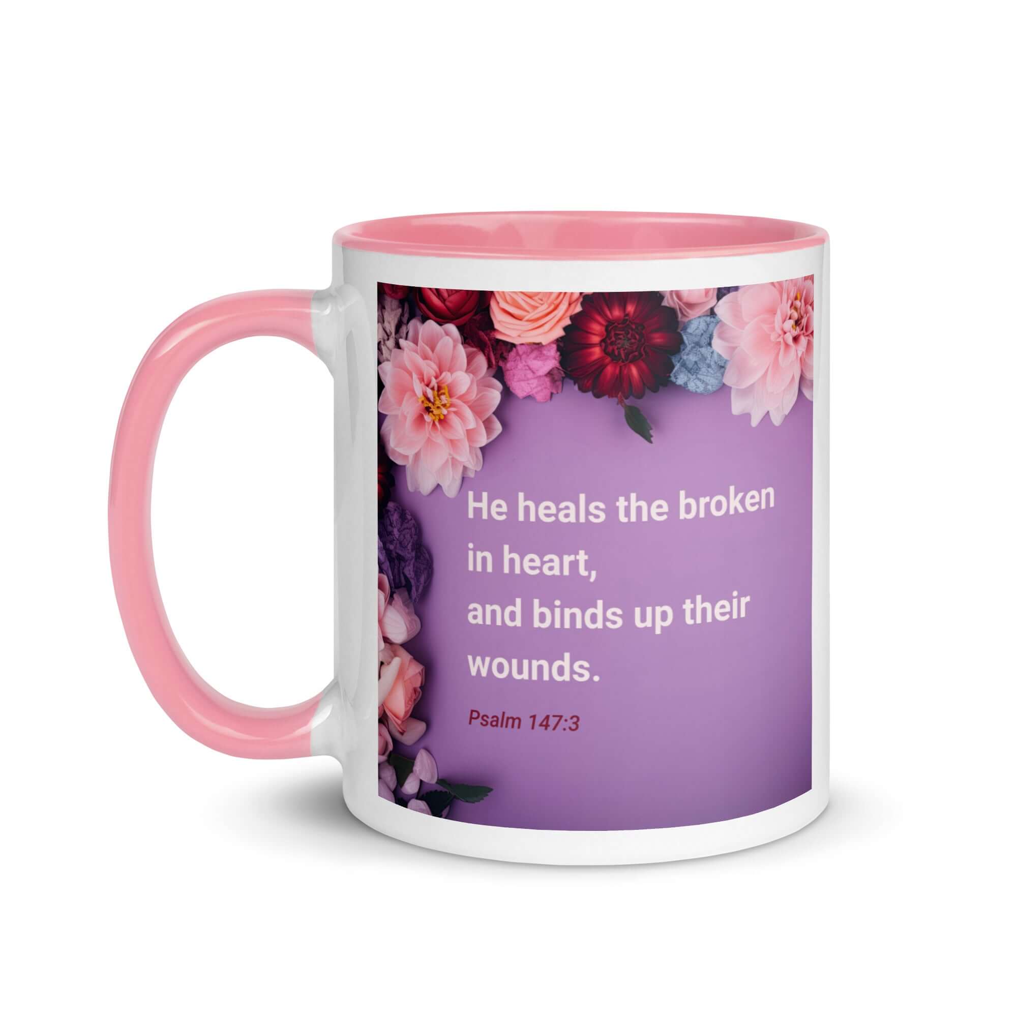Psalm 147:3 Bible Verse, He heals the broken White Ceramic Mug with Color Inside