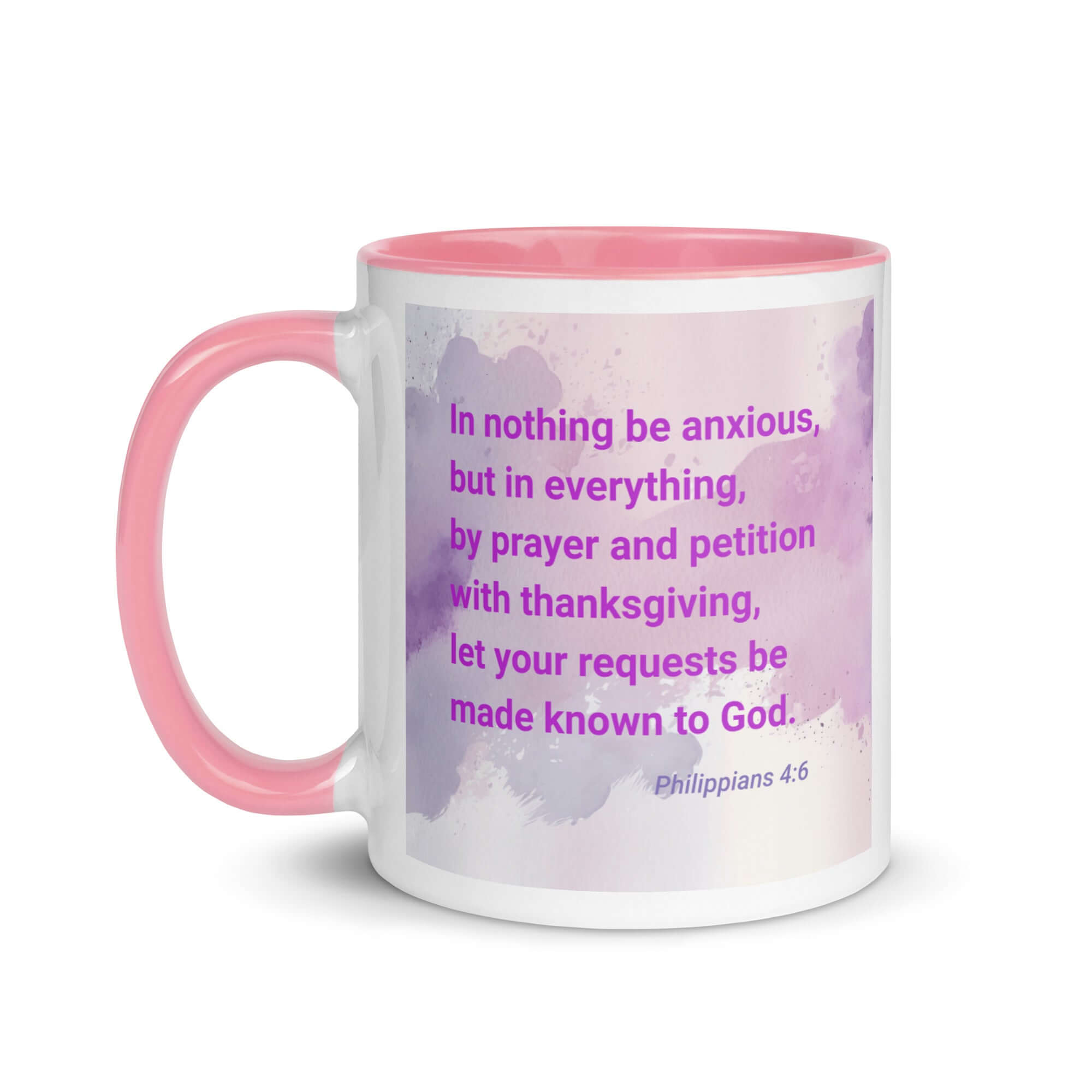 Philippians 4:6 Bible Verse, Prayer and Petition White Ceramic Mug with Color Inside