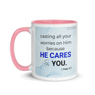 1 Peter 5:7 Bible Verse, casting all your worries on Him White Ceramic Mug with Color Inside