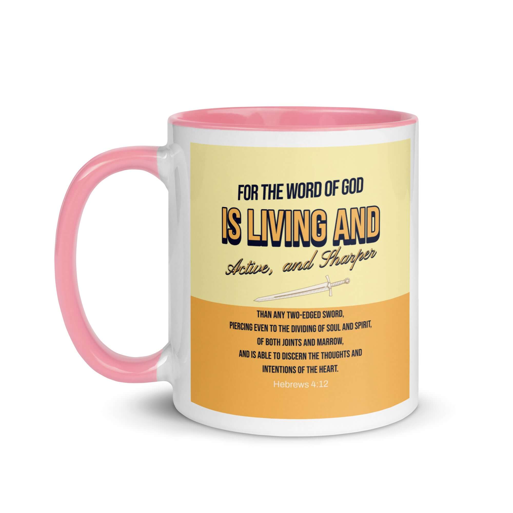 Hebrews 4:12 Bible Verse, living and active White Ceramic Mug with Color Inside