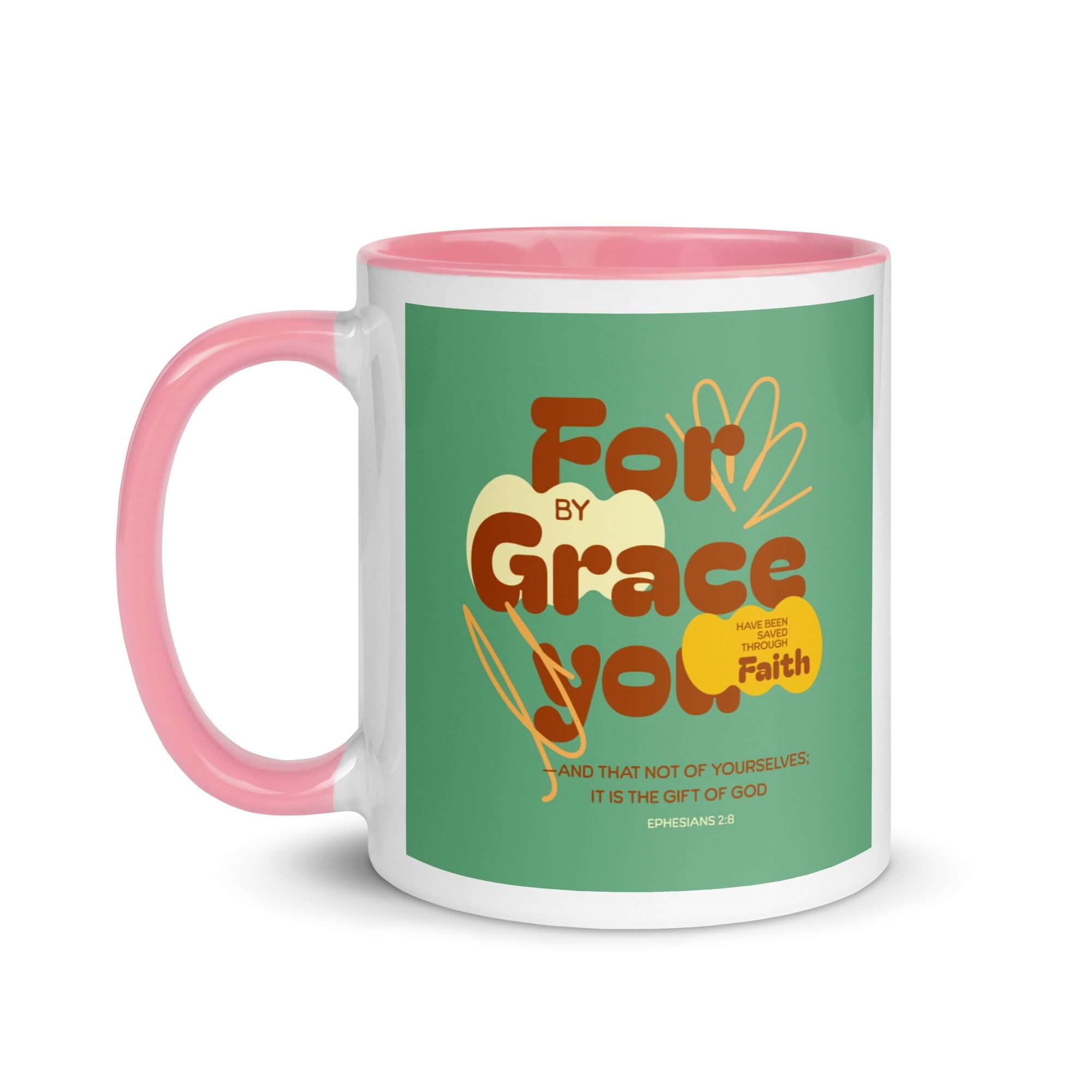 Ephesians 2:8 Bible Verse, for by grace White Ceramic Mug with Color Inside