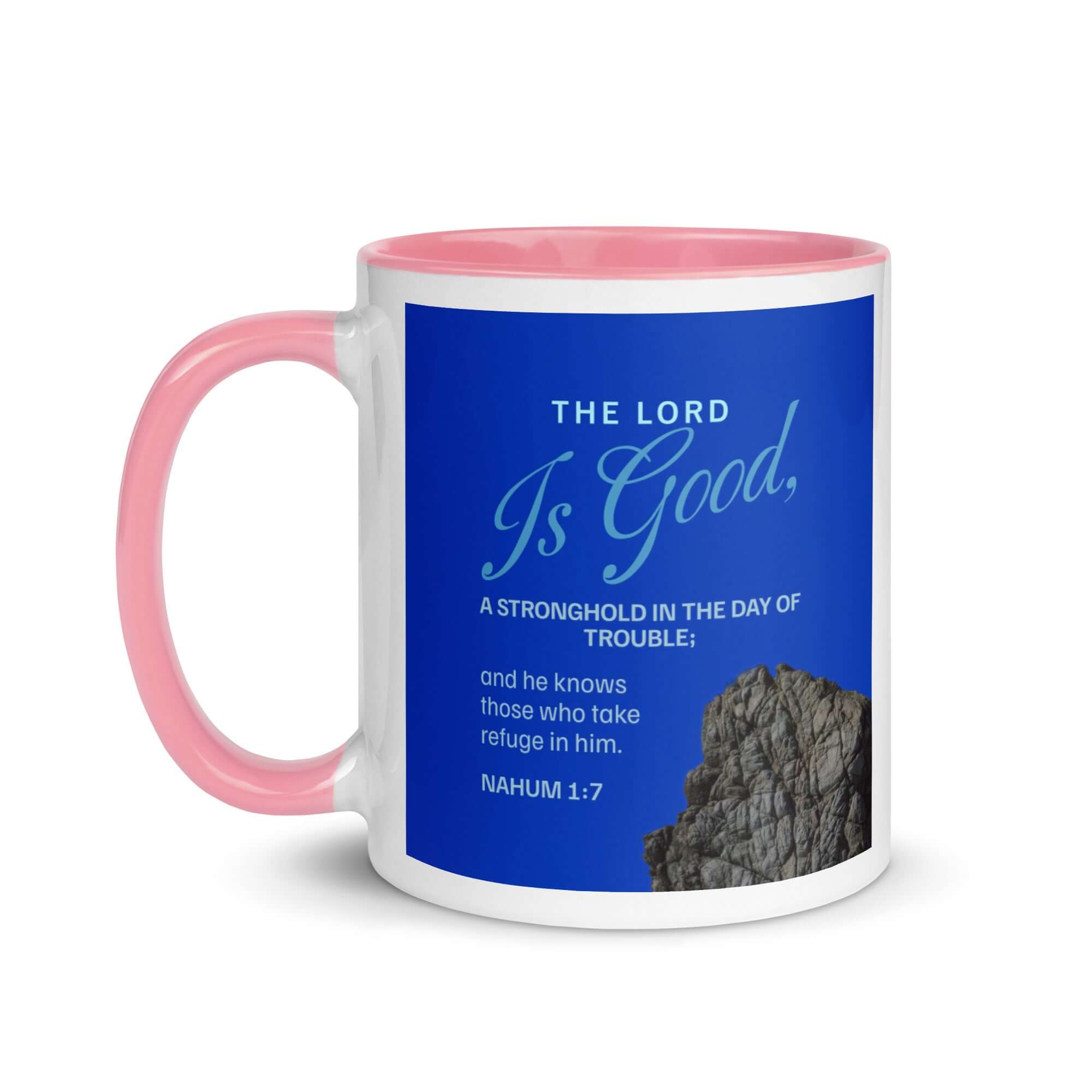 Nahum 1:7 Bible Verse, The LORD is a stronghold White Ceramic Mug with Color Inside