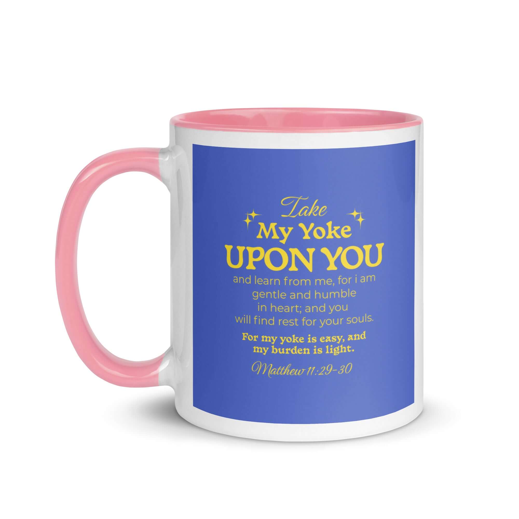 Matthew 11:29-30 Bible Verse, Take my yoke White Ceramic Mug with Color Inside