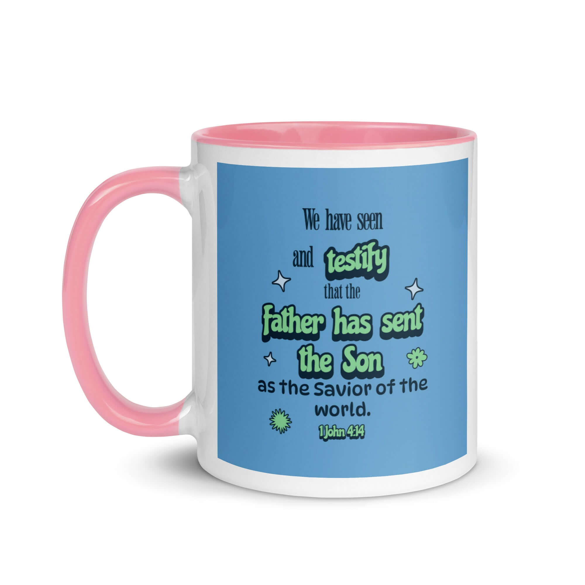 1 John 4:14 Bible Verse, sent the Son White Ceramic Mug with Color Inside