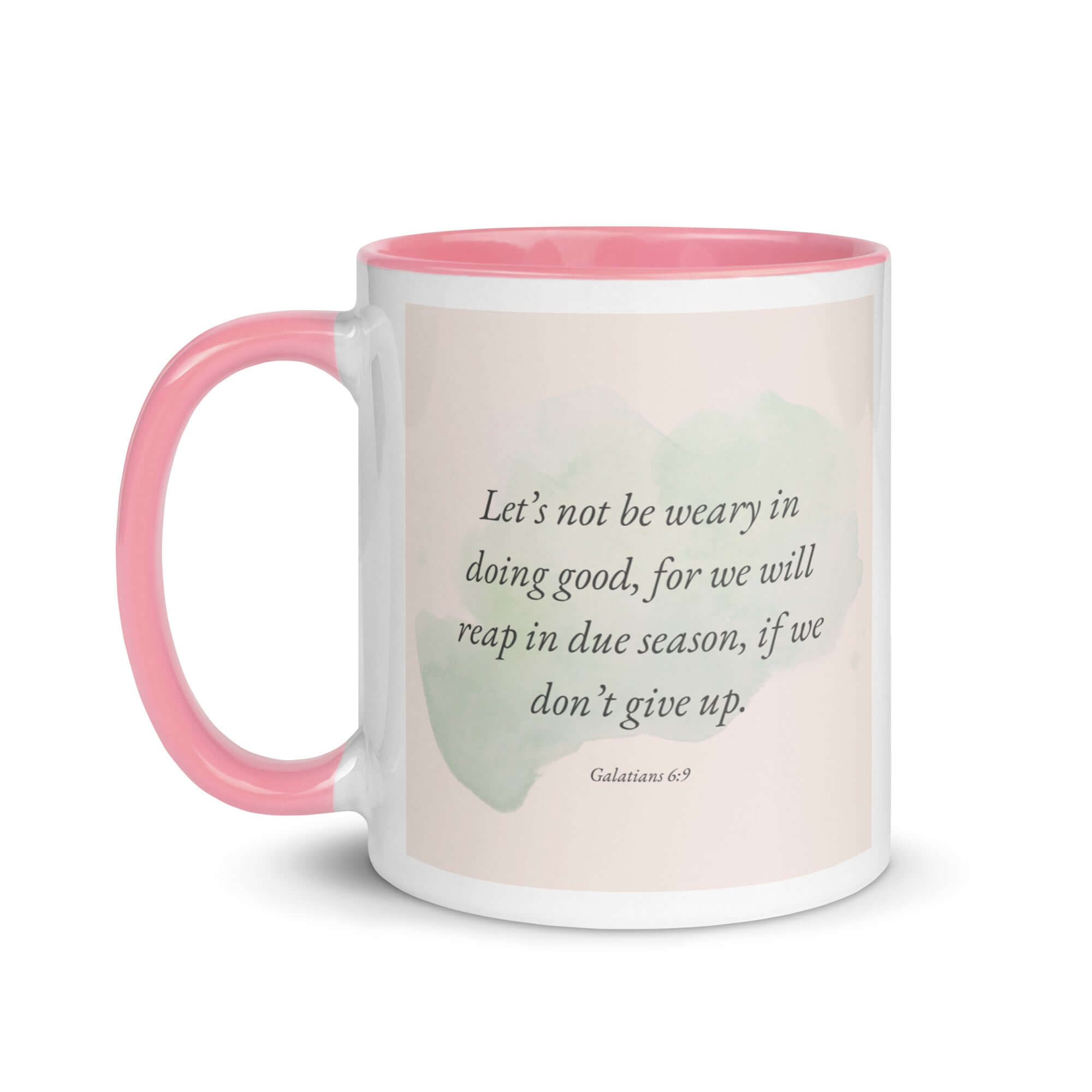 Galatians 6:9 Bible Verse, not be weary White Ceramic Mug with Color Inside