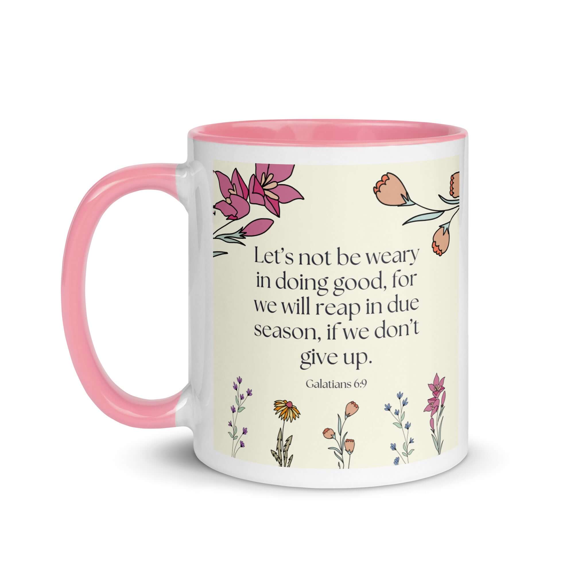 Galatians 6:9 Bible Verse, in doing good White Ceramic Mug with Color Inside