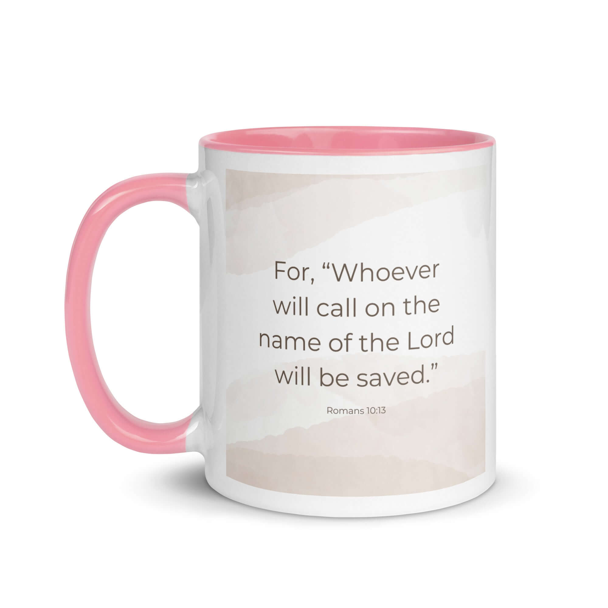 Romans 10:13 Bible Verse, the name White Ceramic Mug with Color Inside