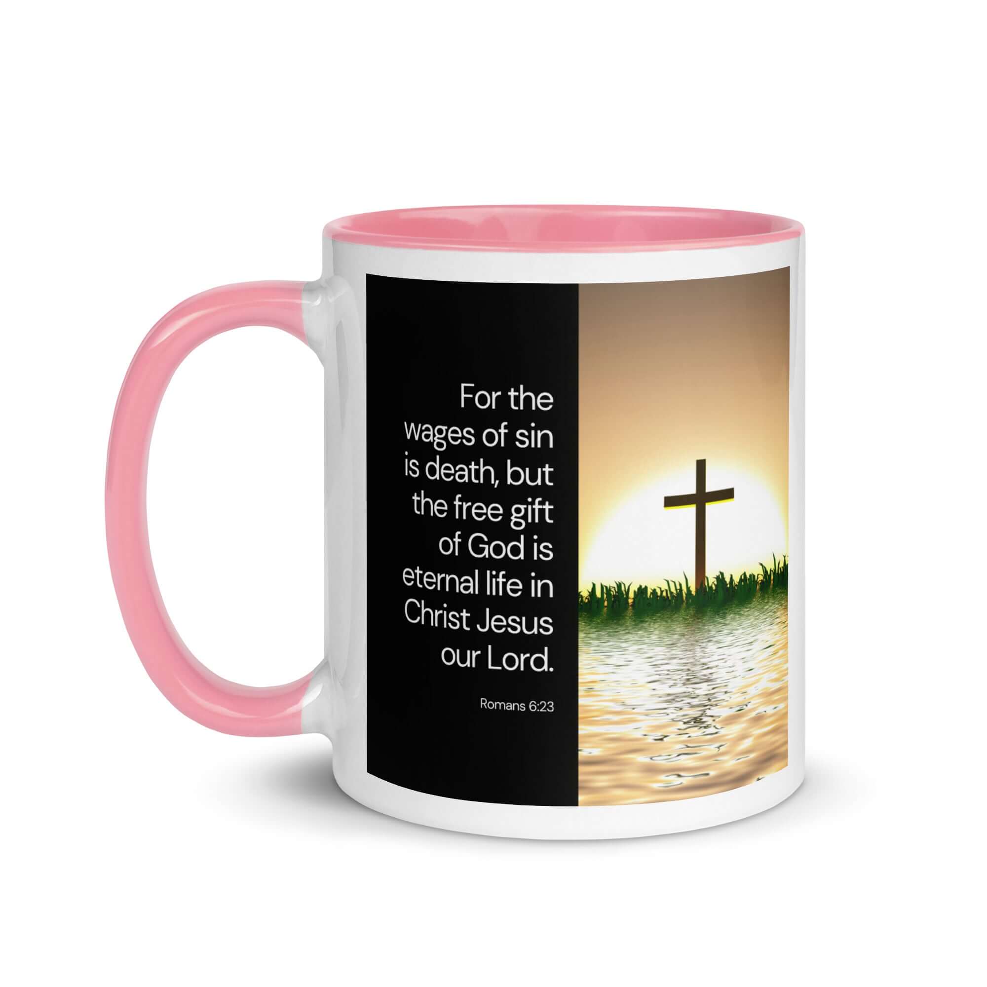 Romans 6:23 Bible Verse, the wages White Ceramic Mug with Color Inside