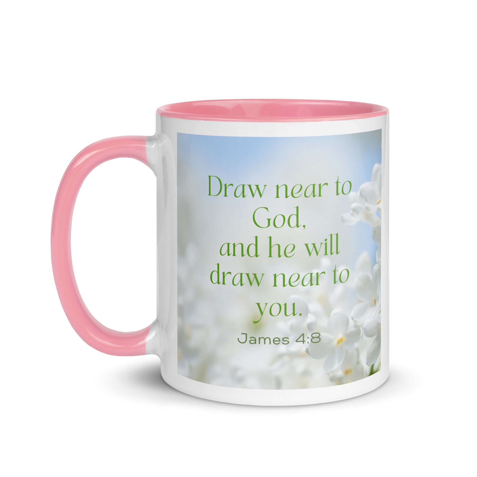 James 4:8 Bible Verse, Draw near White Ceramic Mug with Color Inside