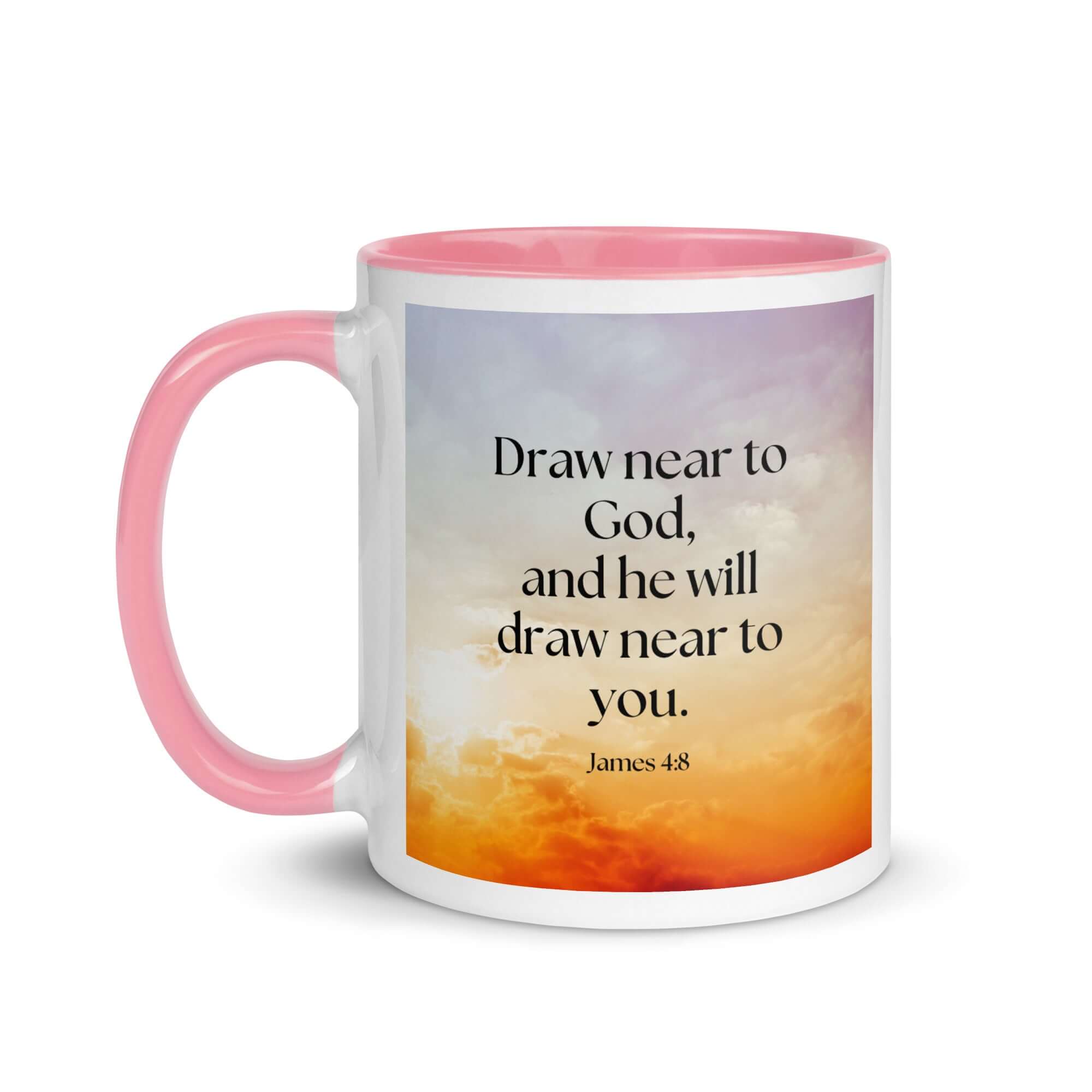 James 4:8 Bible Verse, he will draw White Ceramic Mug with Color Inside