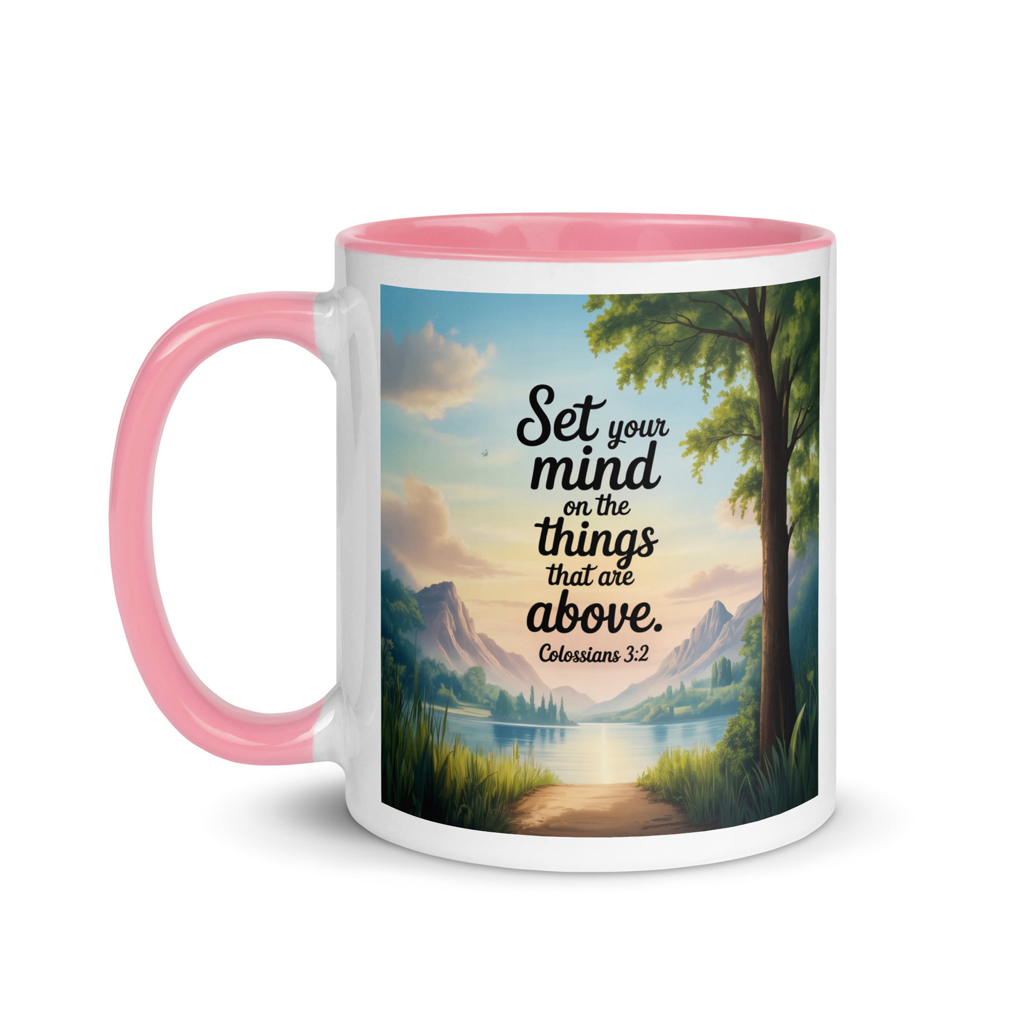 Colossians 3:2 Bible Verse Set White Ceramic Mug with Color Inside