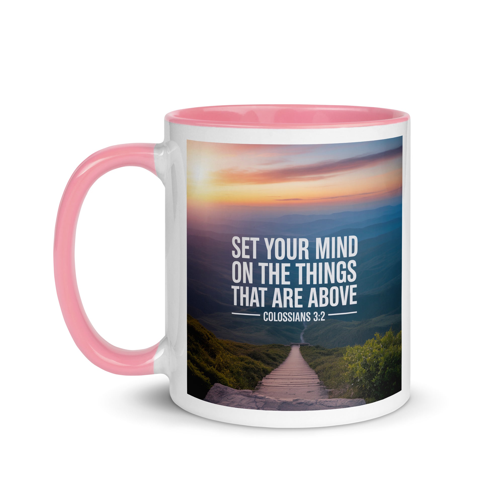 Colossians 3:2 Bible Verse your mind White Ceramic Mug with Color Inside
