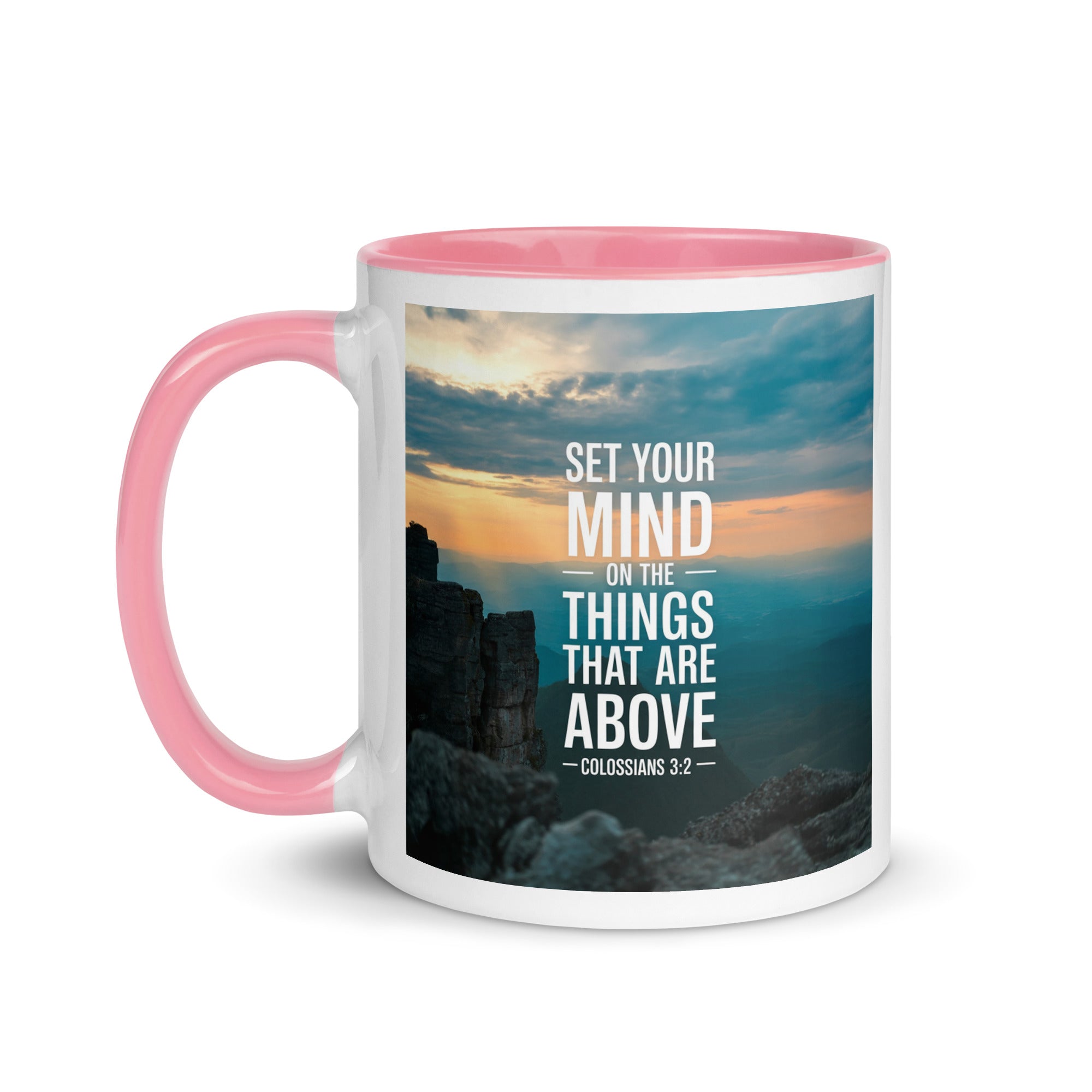 Colossians 3:2 Bible Verse on the White Ceramic Mug with Color Inside