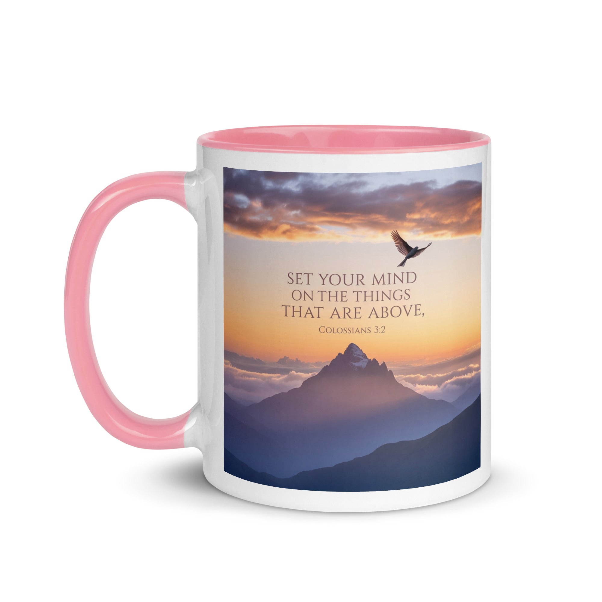 Colossians 3:2 Bible Verse are above White Ceramic Mug with Color Inside