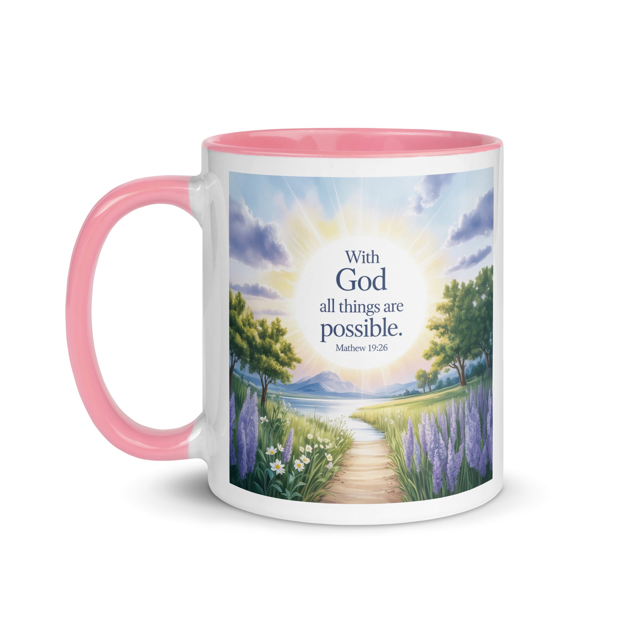 Matthew 19:26 Bible Verse Looking at White Ceramic Mug with Color Inside
