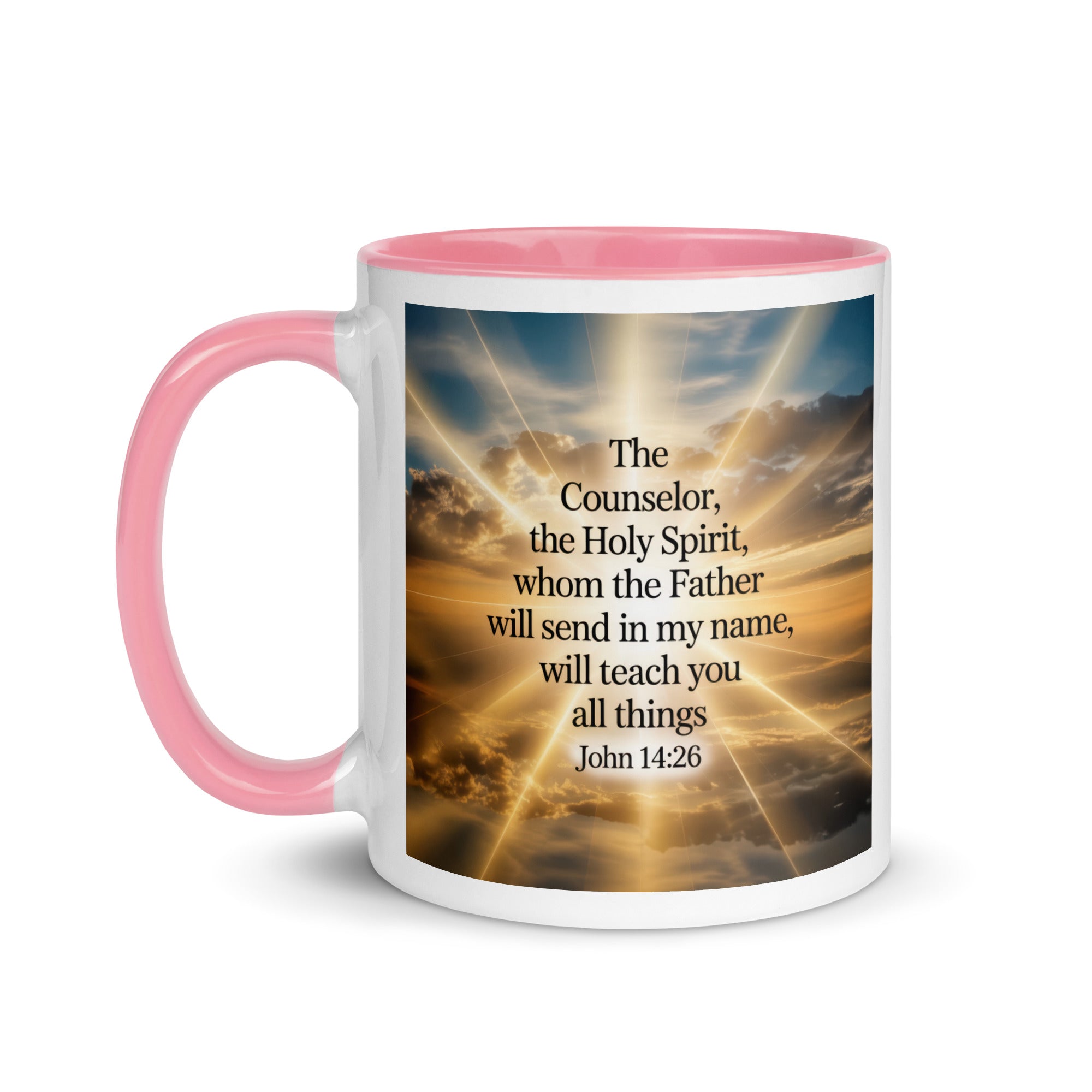 John 14:26 Bible Verse will send White Ceramic Mug with Color Inside