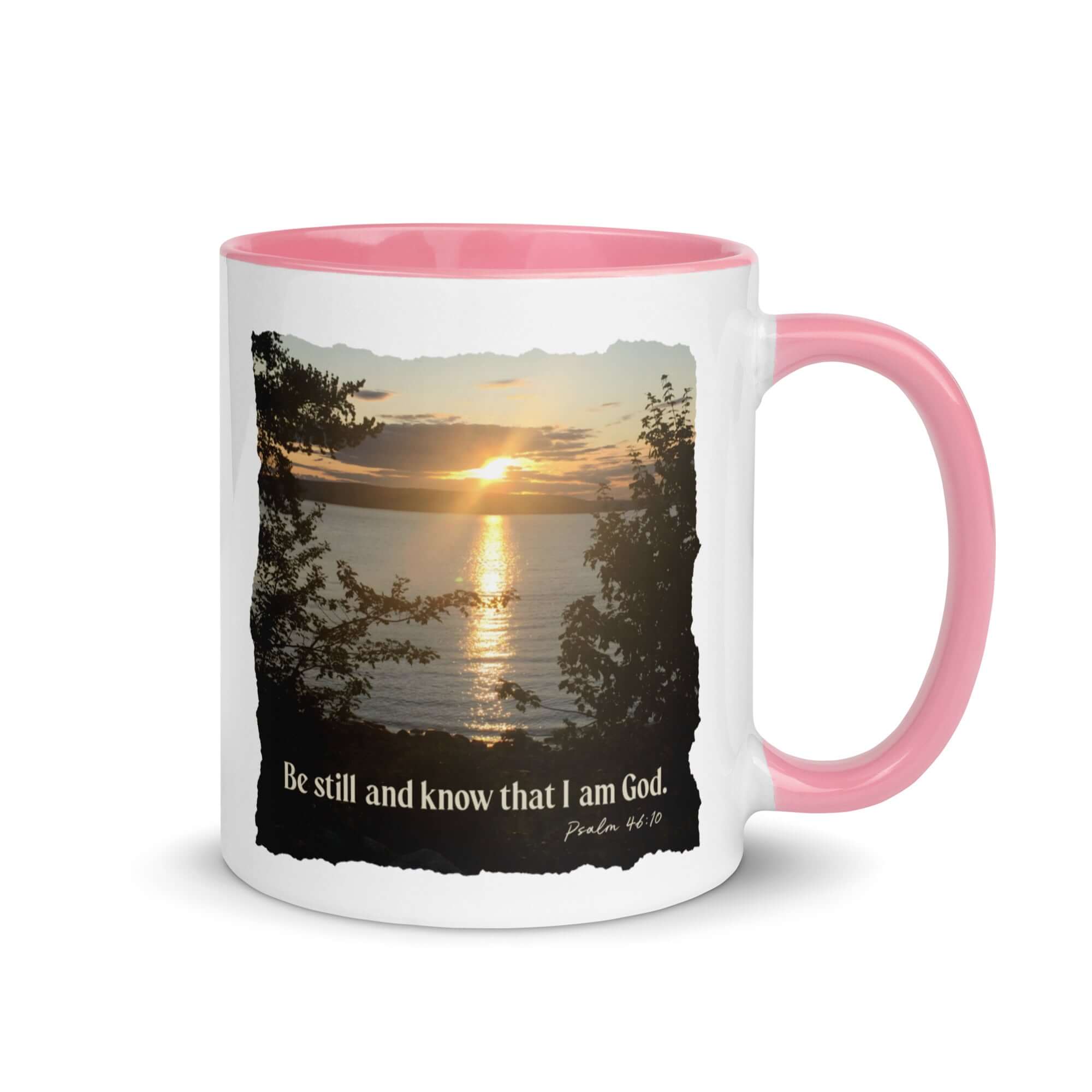 Psalm 46:10 Bible Verse, Sunset Glory White Ceramic Mug with Color Inside Pink 11 oz