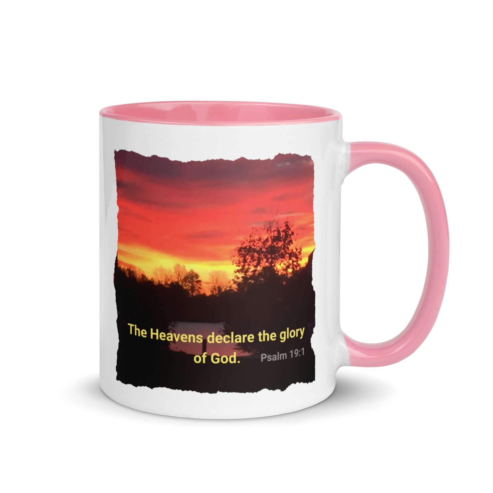 Psalm 19:1 Bible Verse, Sunset Glory White Ceramic Mug with Color Inside Pink 11 oz