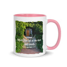 Revelation 3:20 Bible Verse, Garden Doorway White Ceramic Mug with Color Inside Pink 11 oz
