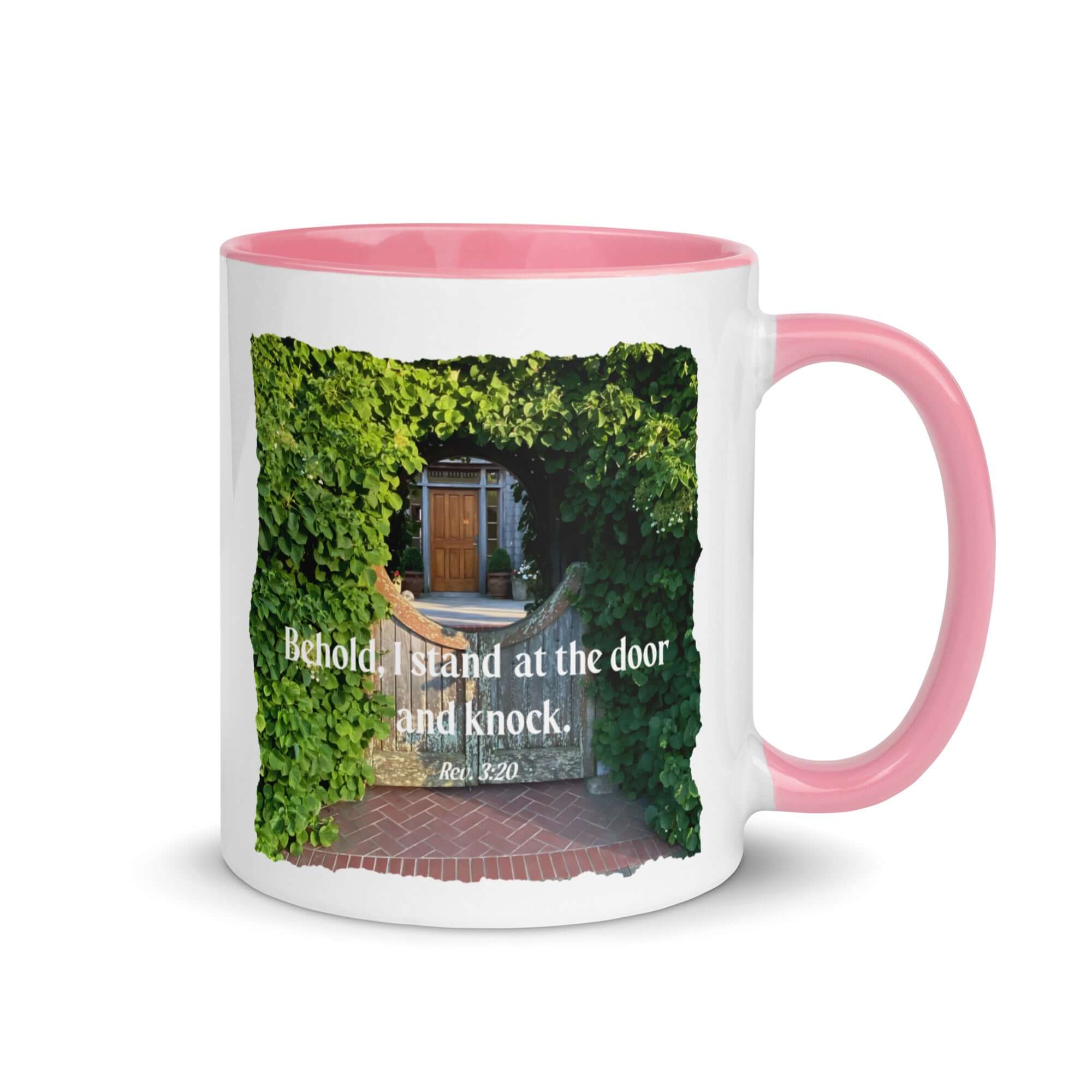 Revelation 3:20 Bible Verse, Garden Doorway White Ceramic Mug with Color Inside Pink 11 oz
