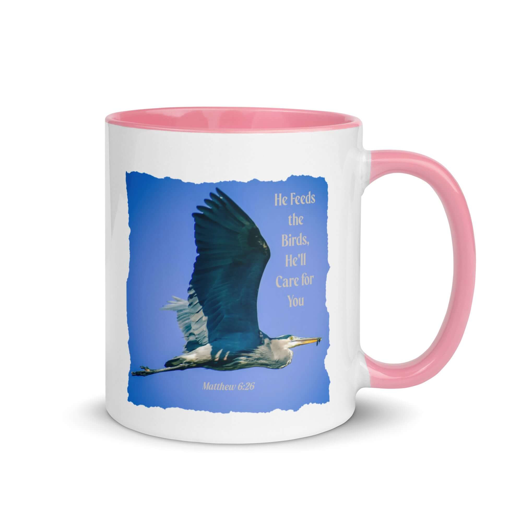 Matthew 6:26 Graceful Heron, He'll Care for You White Ceramic Mug with Color Inside Pink 11 oz