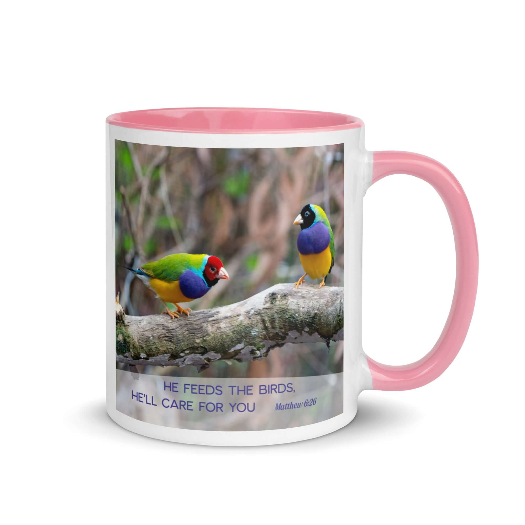 Matthew 6:26 Gouldian Finches, He'll Care for You White Ceramic Mug with Color Inside Pink 11 oz