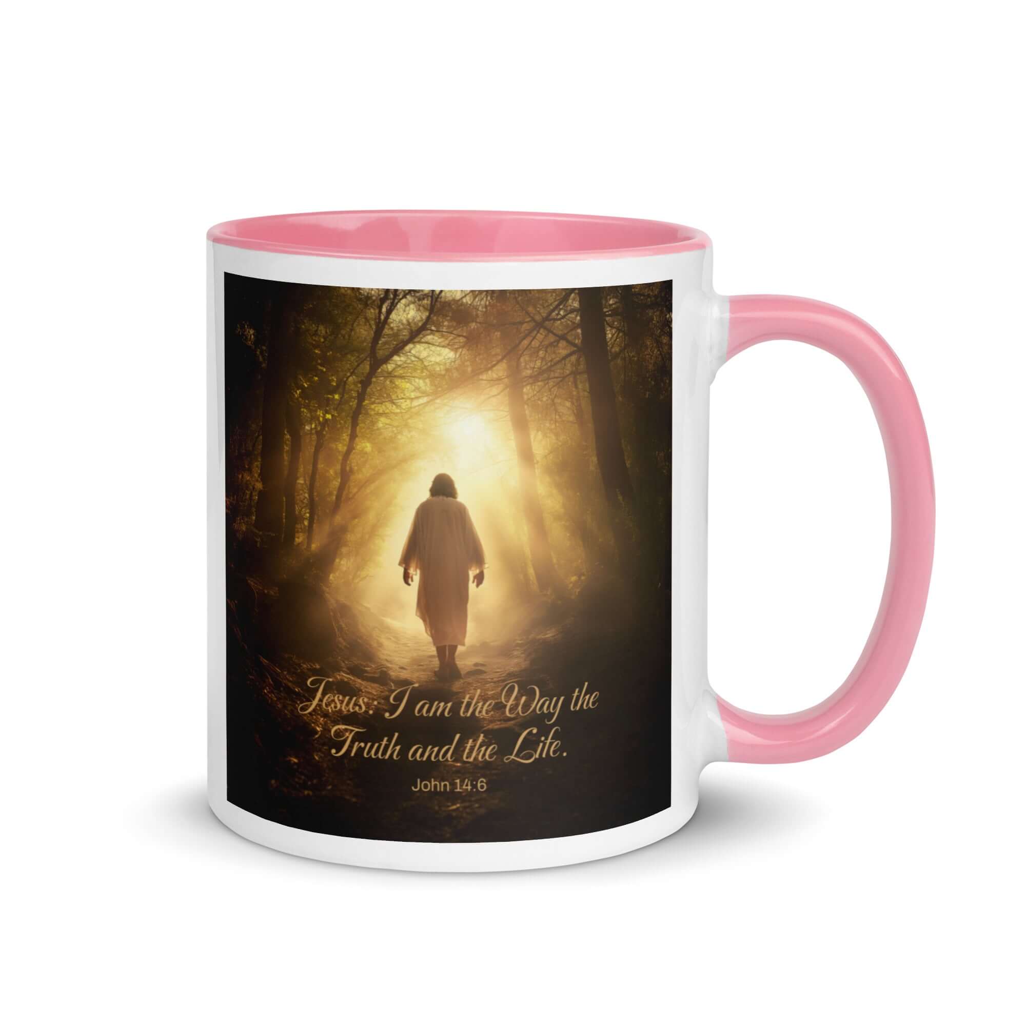 John 14:6 Bible Verse, Forest Image White Ceramic Mug with Color Inside Pink 11 oz