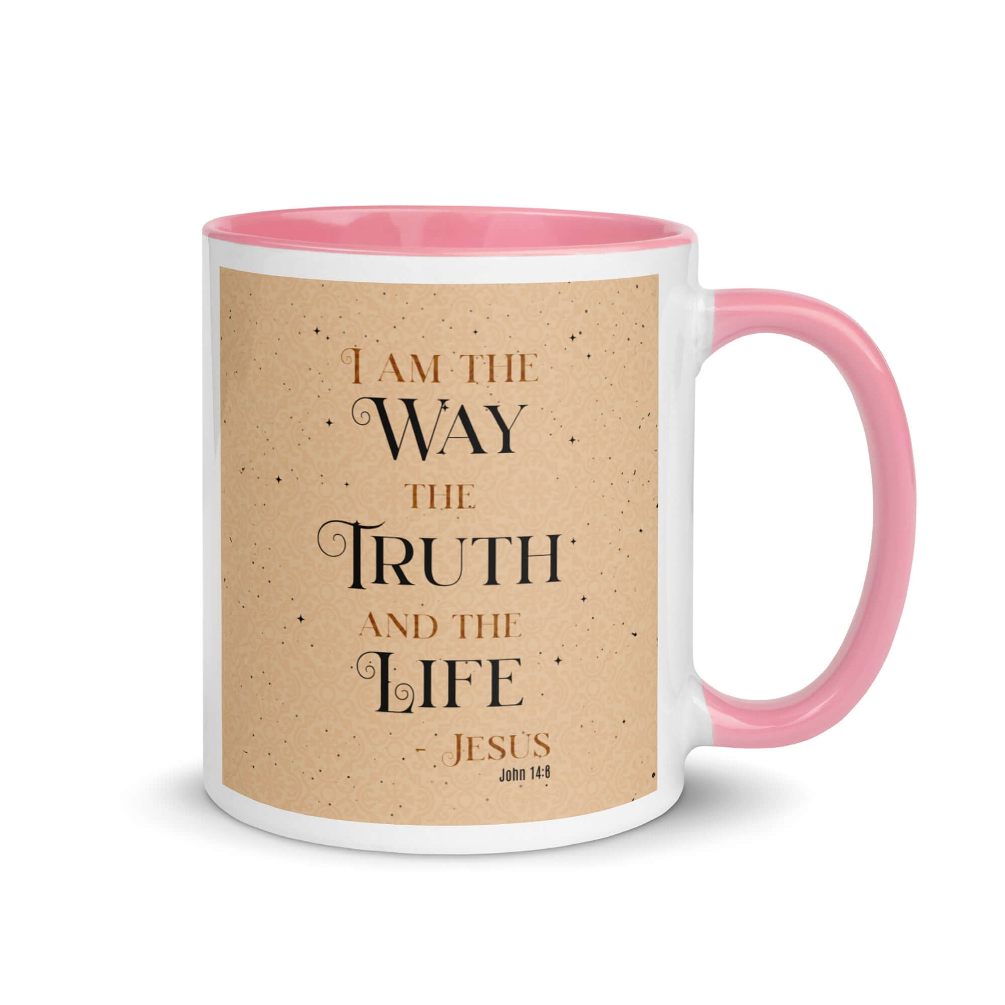 John 14:6 Bible Verse, Color Text Brown Background White Ceramic Mug with Color Inside Pink 11 oz