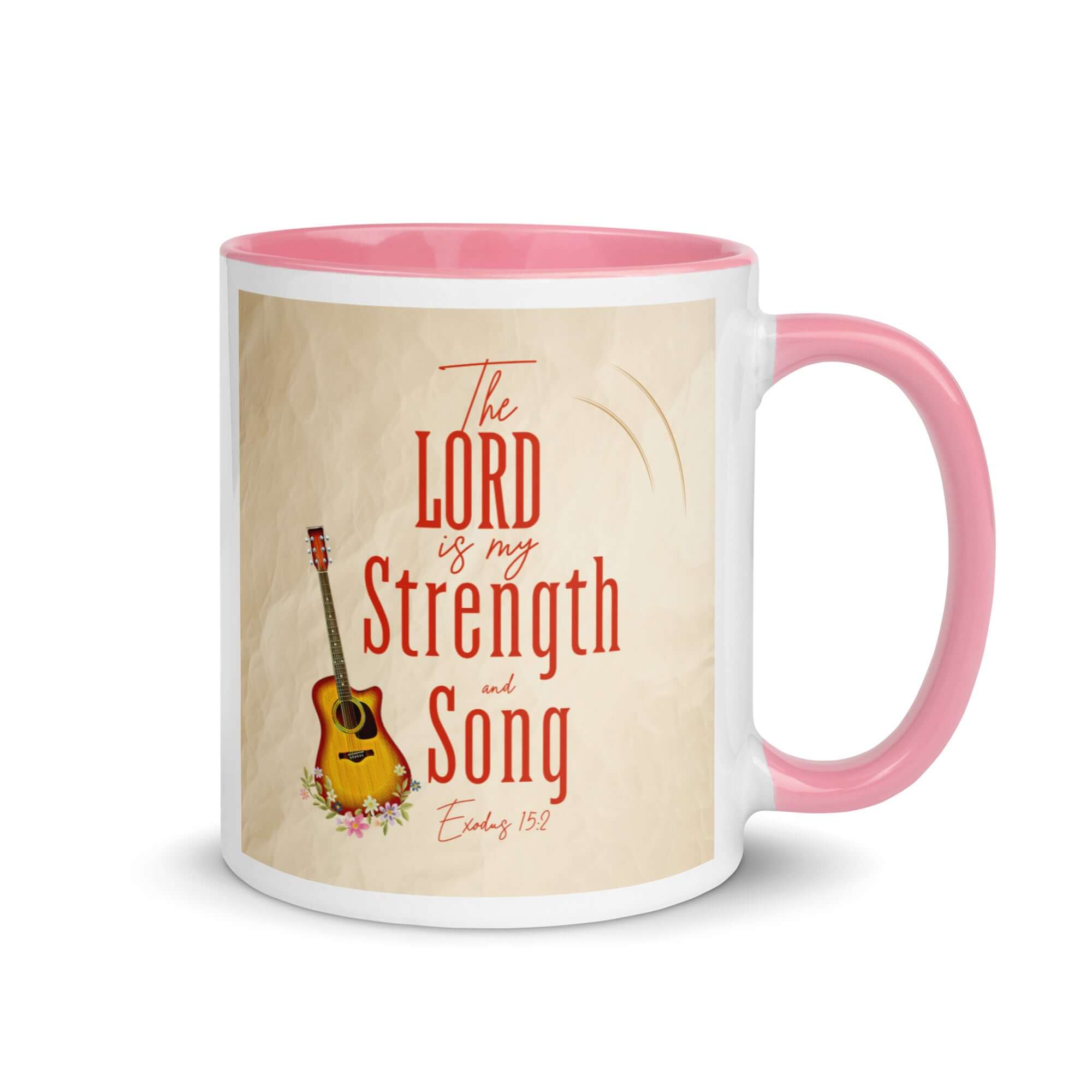 Exodus 15:2 Bible Verse, The LORD is my strength White Ceramic Mug with Color Inside Pink 11 oz