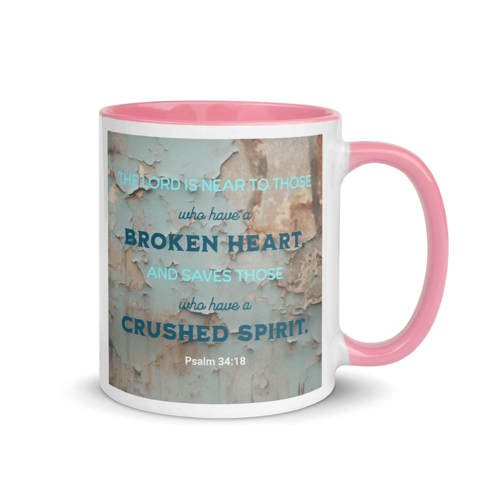 Psalm 34:18 Bible Verse, The LORD is Near White Ceramic Mug with Color Inside Pink 11 oz