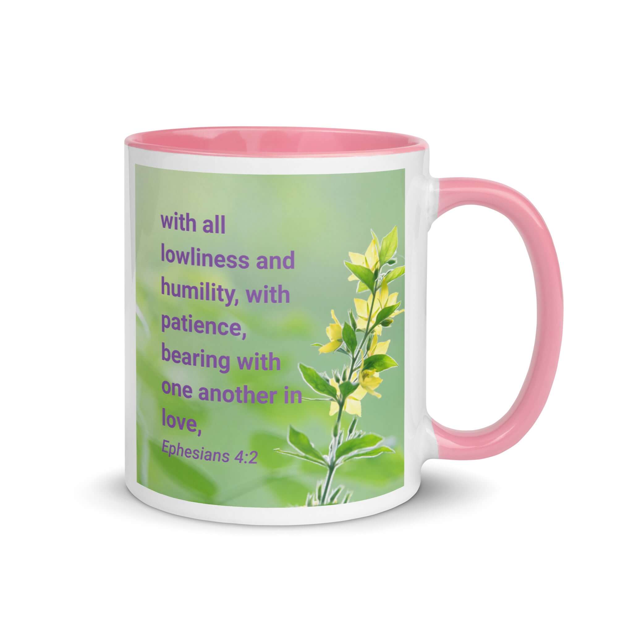 Ephesians 4:2 Bible Verse, one another in love White Ceramic Mug with Color Inside Pink 11 oz