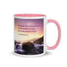 1 Corinthians 2:5 Bible Verse, power of God White Ceramic Mug with Color Inside Pink 11 oz
