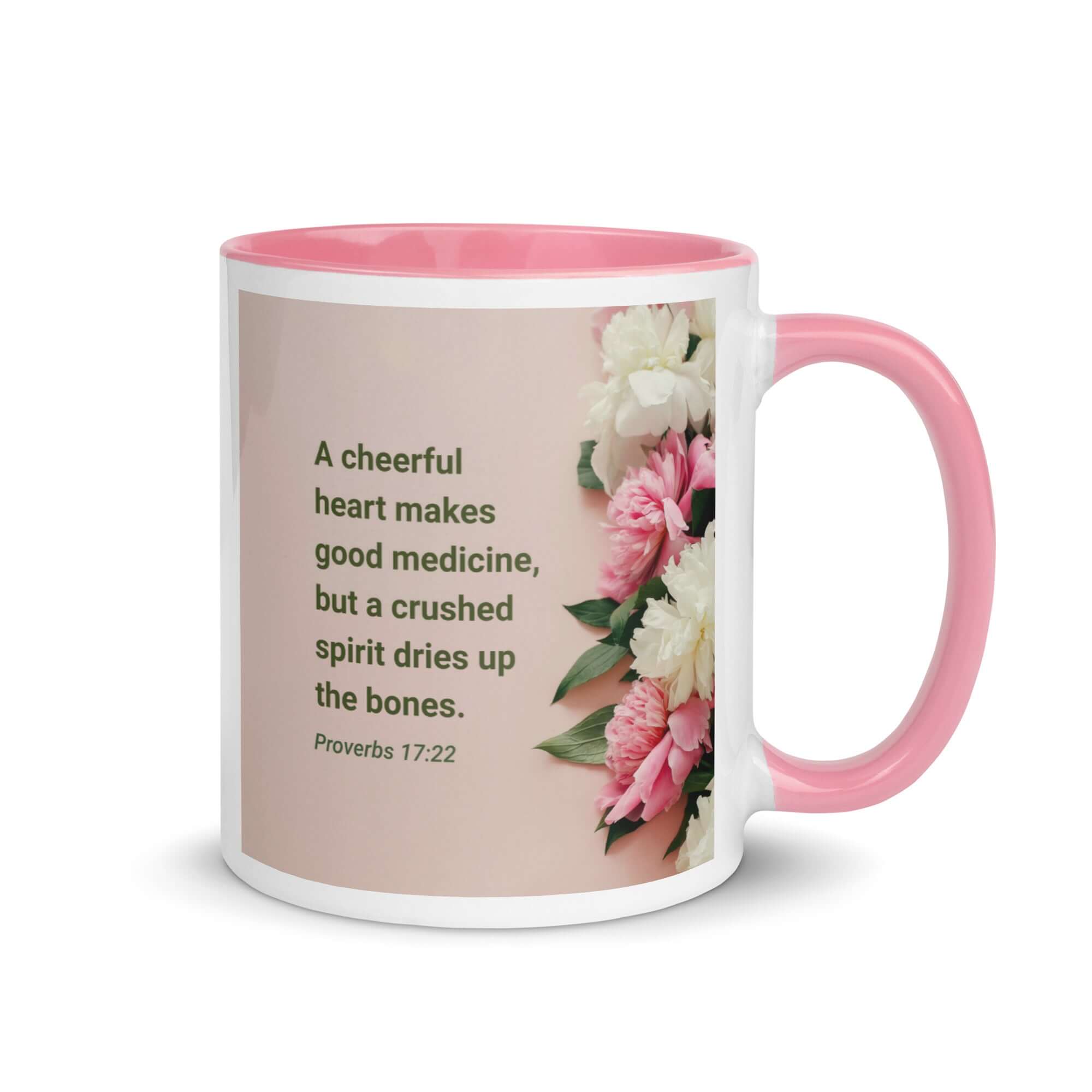 Proverbs 17:22 Bible Verse, good medicine White Ceramic Mug with Color Inside Pink 11 oz