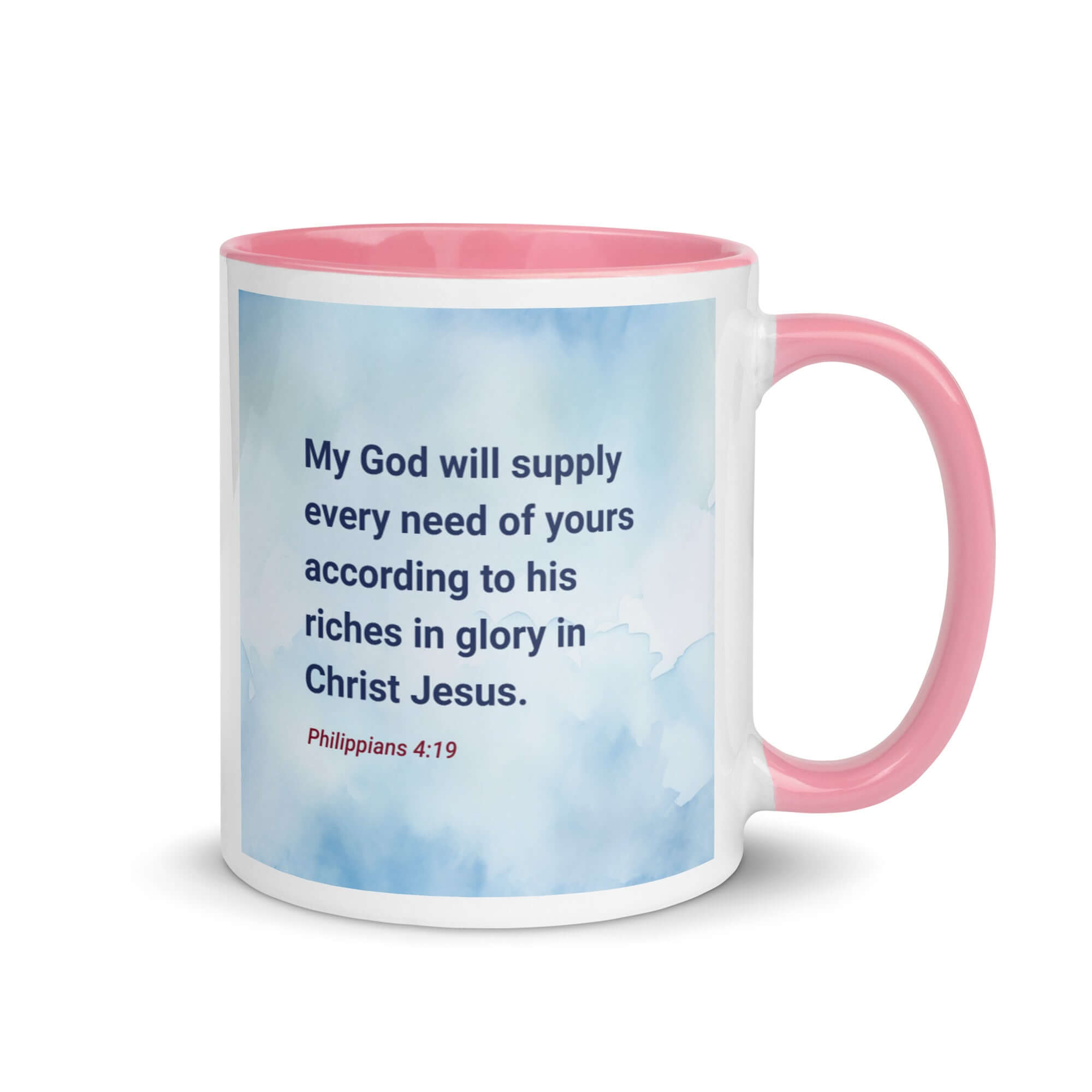 Philippians 4:19 Bible Verse, God will supply White Ceramic Mug with Color Inside Pink 11 oz