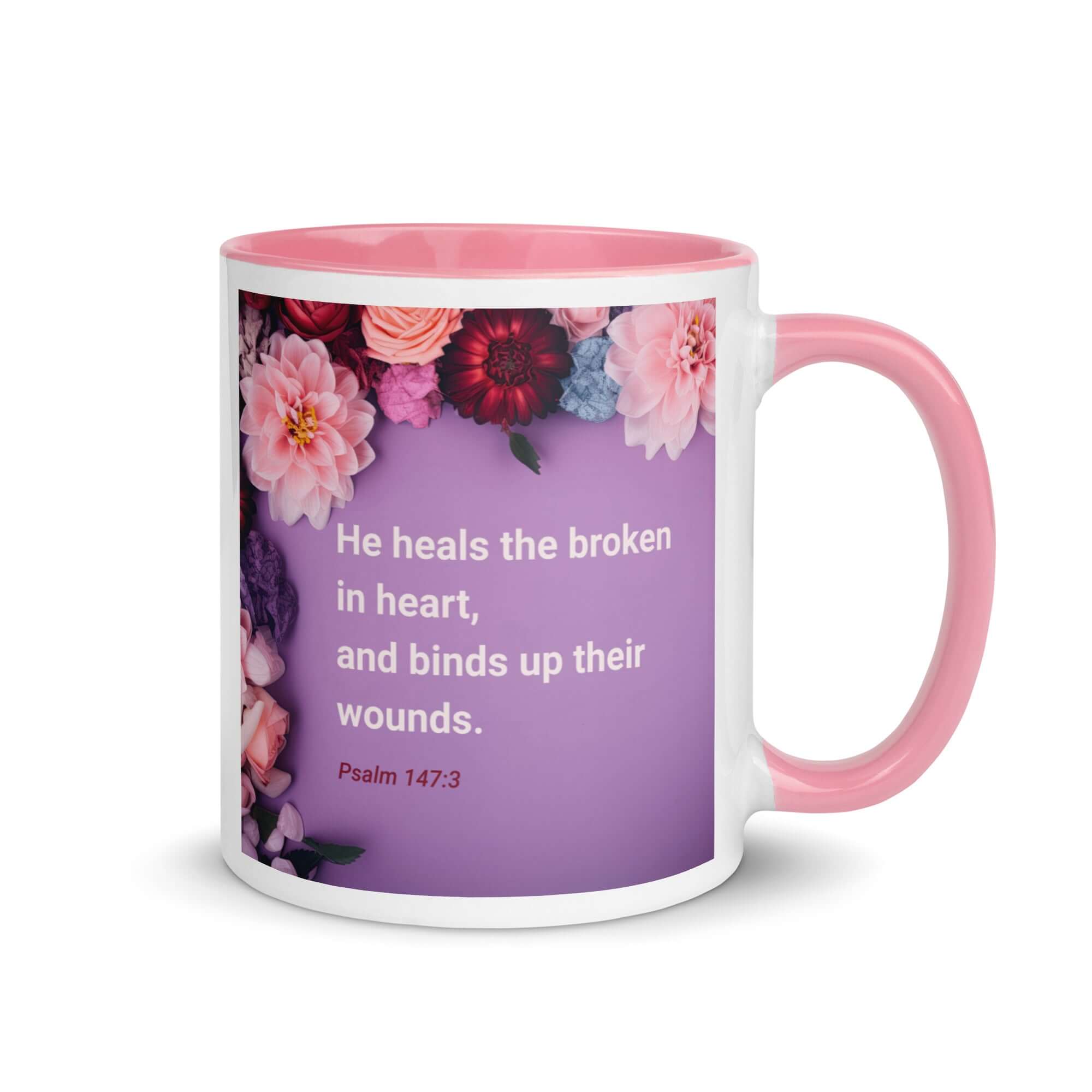 Psalm 147:3 Bible Verse, He heals the broken White Ceramic Mug with Color Inside Pink 11 oz