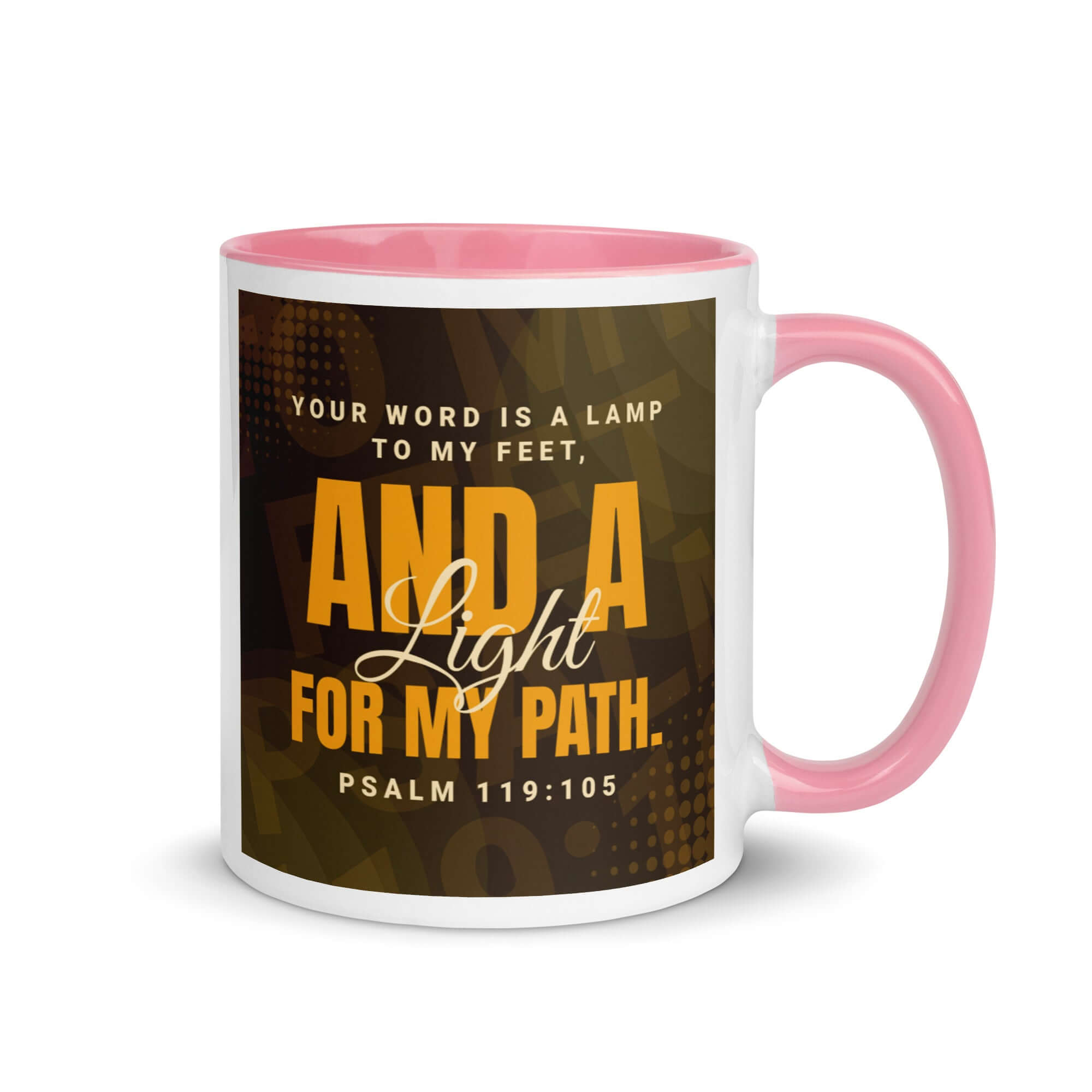 Psalm 119:105 Bible Verse, lamp to my feet White Ceramic Mug with Color Inside Pink 11 oz