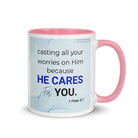 1 Peter 5:7 Bible Verse, casting all your worries on Him White Ceramic Mug with Color Inside Pink 11 oz