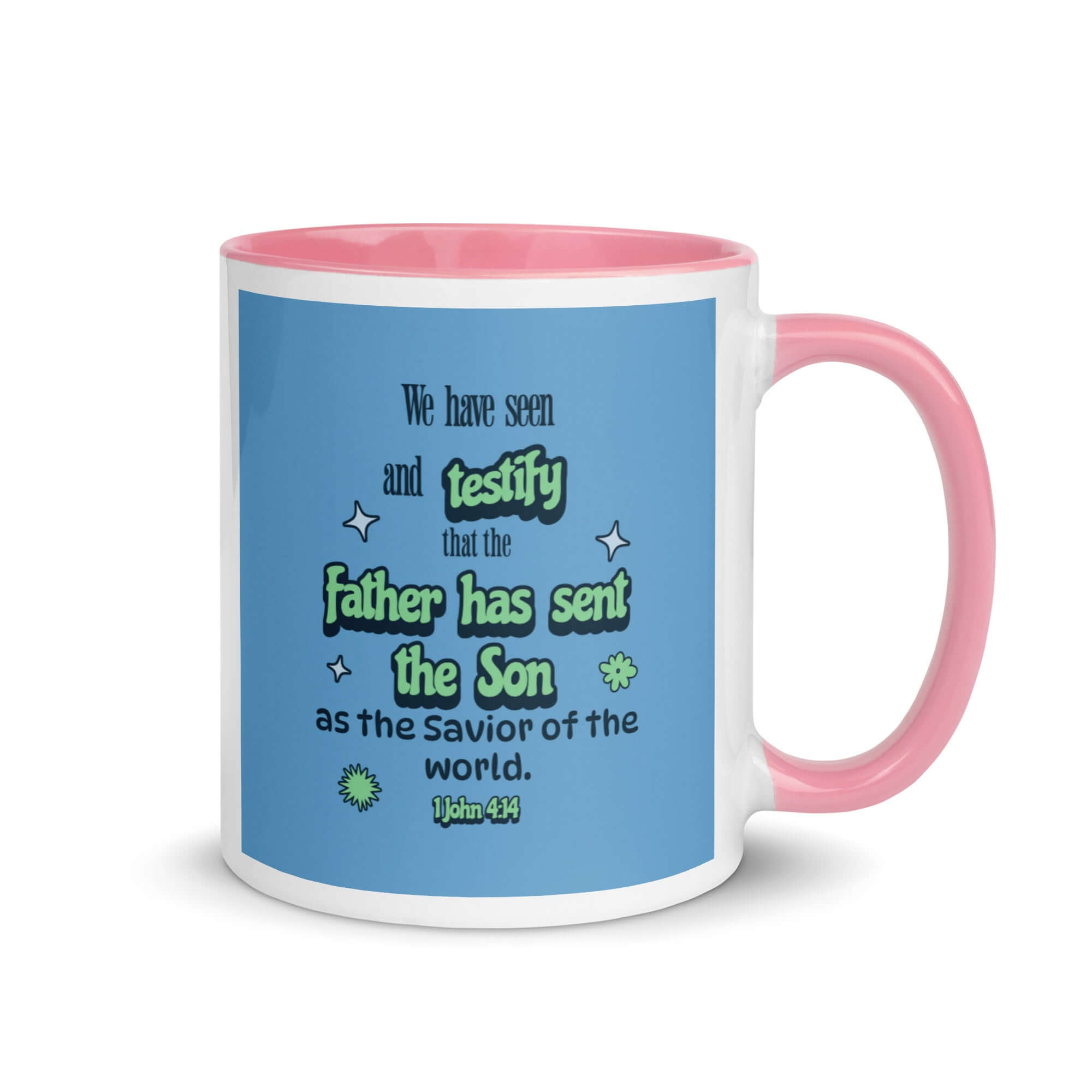1 John 4:14 Bible Verse, sent the Son White Ceramic Mug with Color Inside Pink 11 oz
